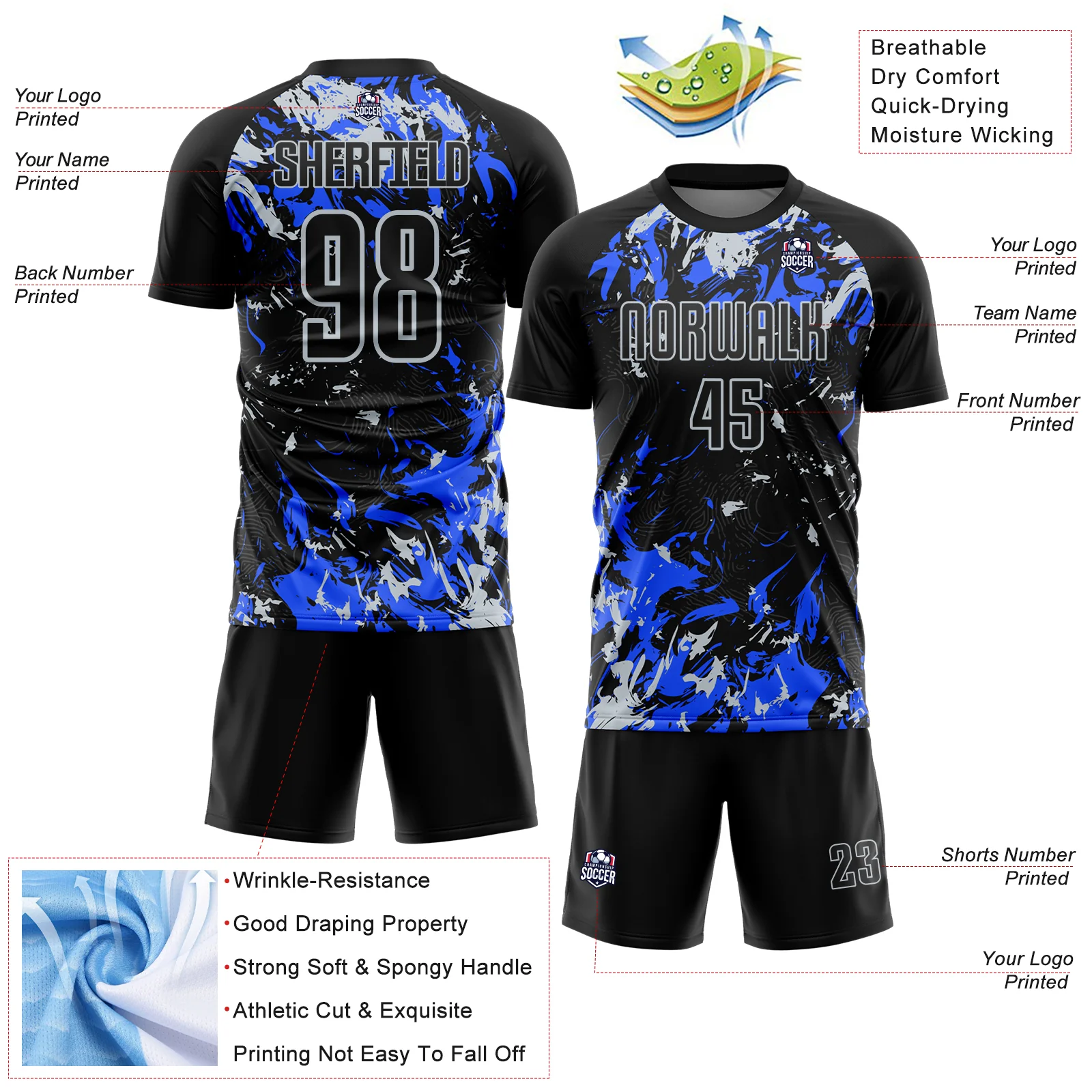 Custom Black Silver-Royal Fluid Art Splash Sublimation Soccer Uniform Jersey - Image 4