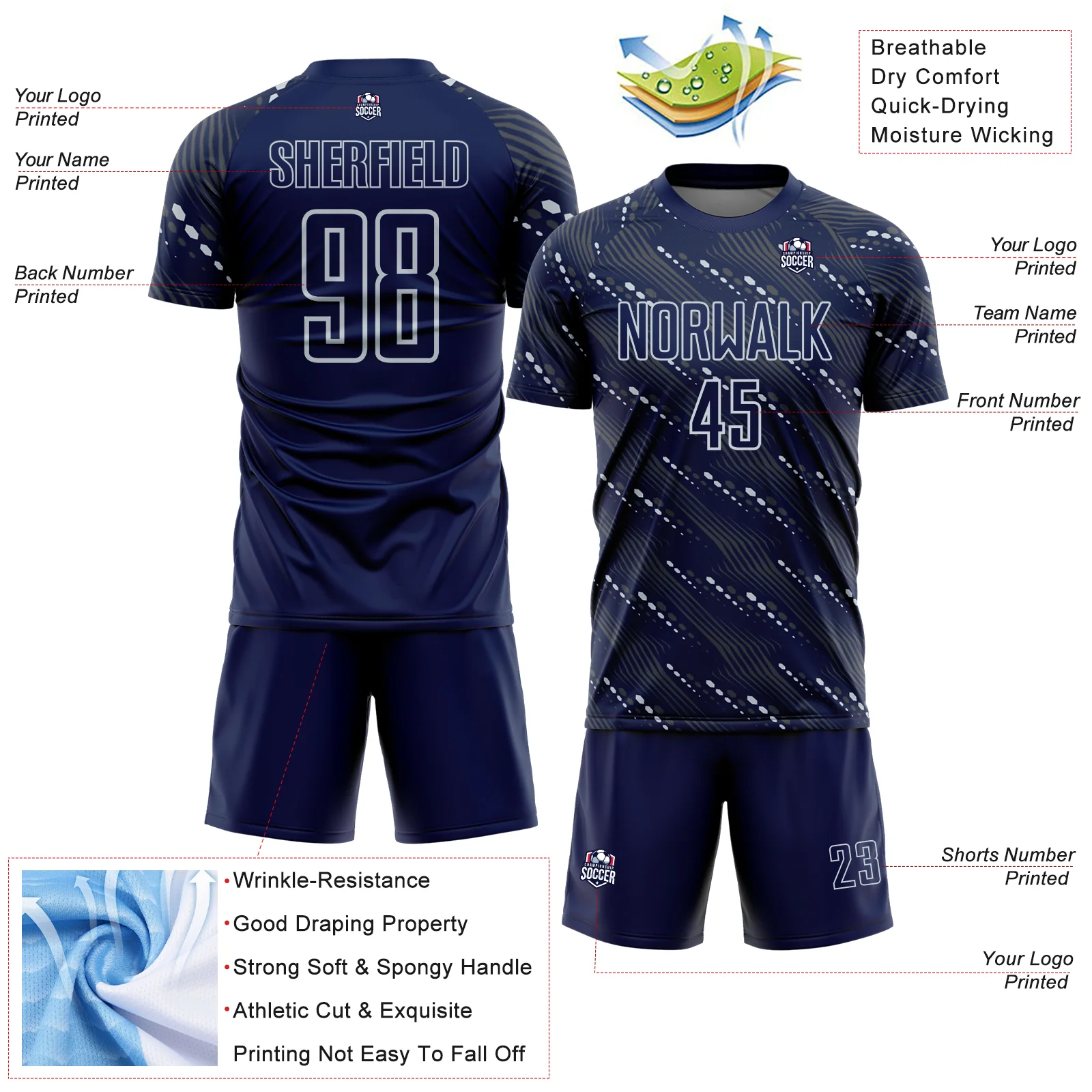 Custom Navy Silver Slant Lines Sports Sublimation Soccer Uniform Jersey - Image 4