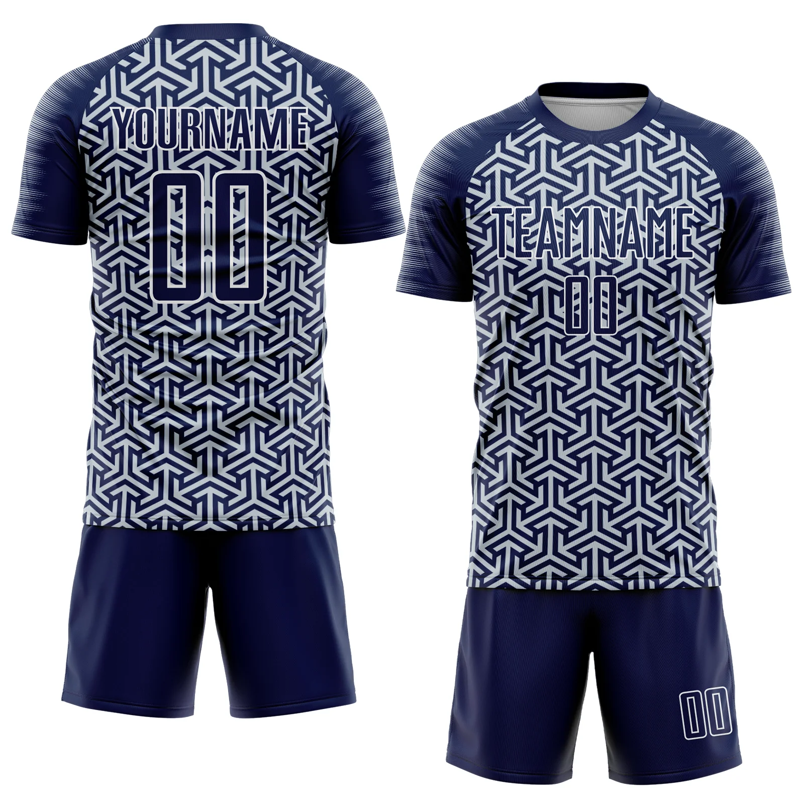 Custom Navy Silver-White Geometric Arrow Sublimation Soccer Uniform Jersey - Image 2