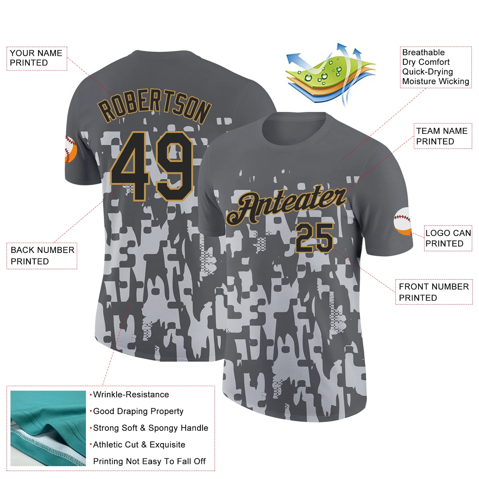 Custom Steel Gray Black Silver-Old Gold 3D Esports Performance T-Shirt - Image 2