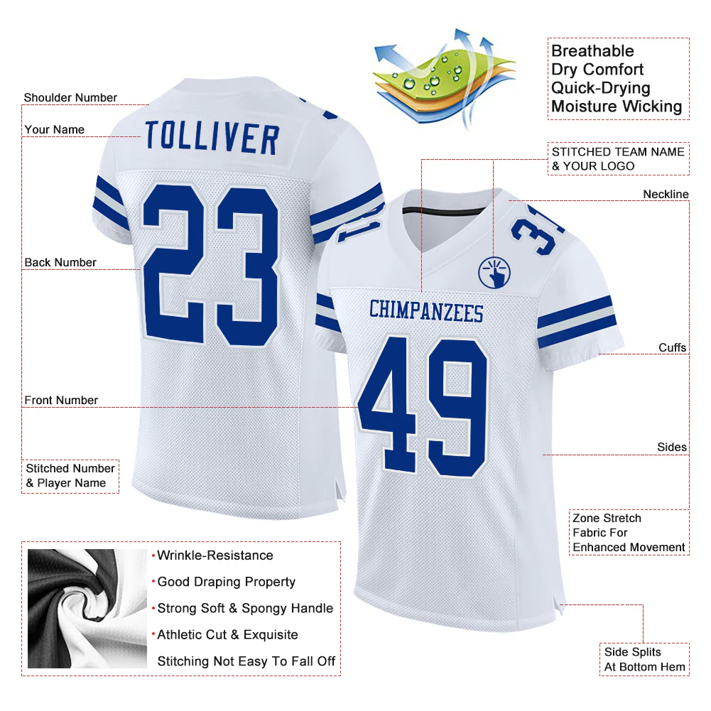 Custom White Royal-Silver Mesh Authentic Football Jersey - Image 2