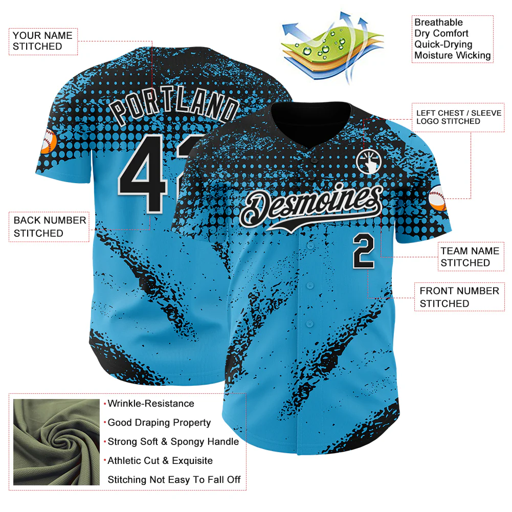 Custom Black Sky Blue-White Splash Grunge Fragment Authentic Baseball Jersey - Image 3