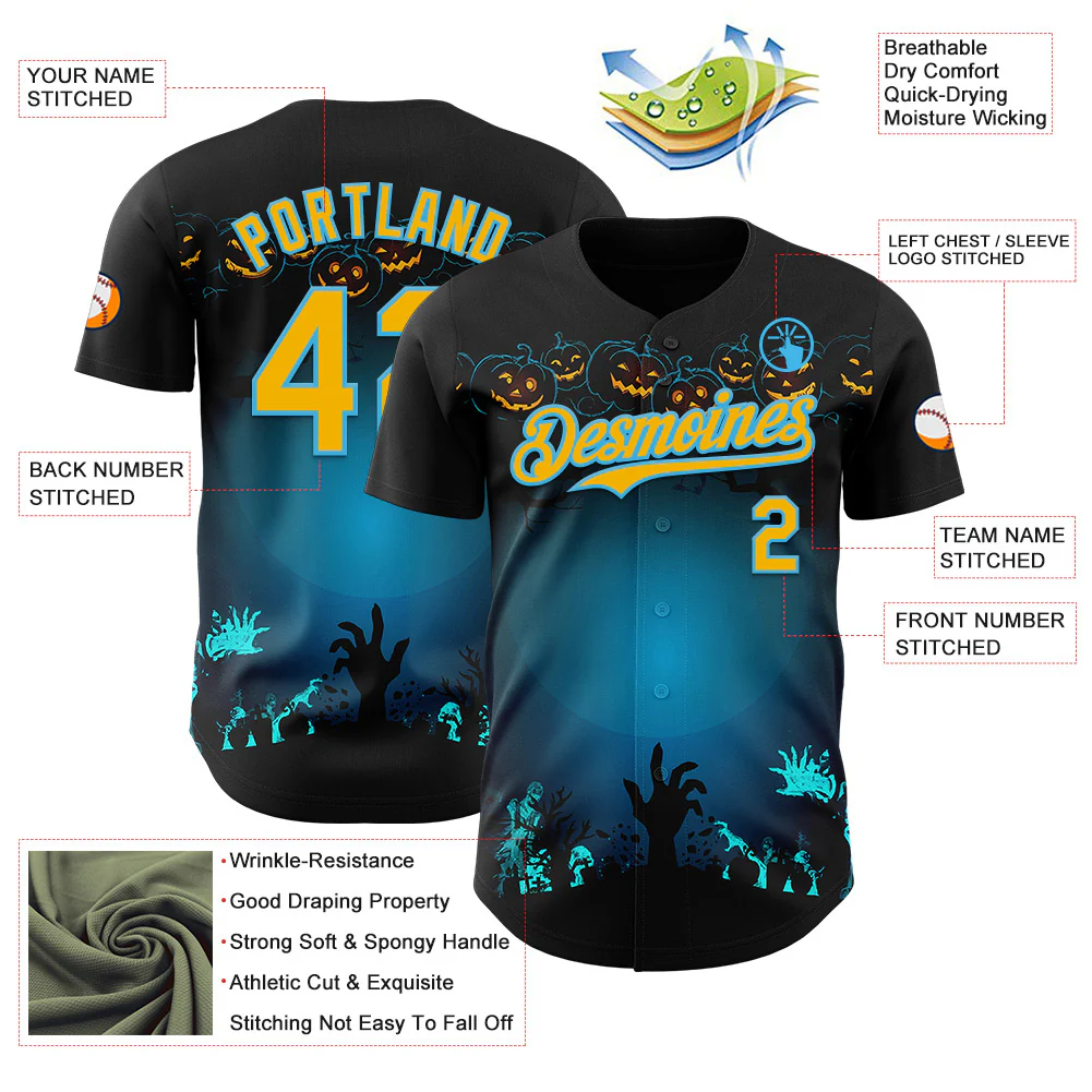 Custom Black Gold-Sky Blue 3D Halloween Spooky Pumpkin Zombies Authentic Baseball Jersey - Image 3