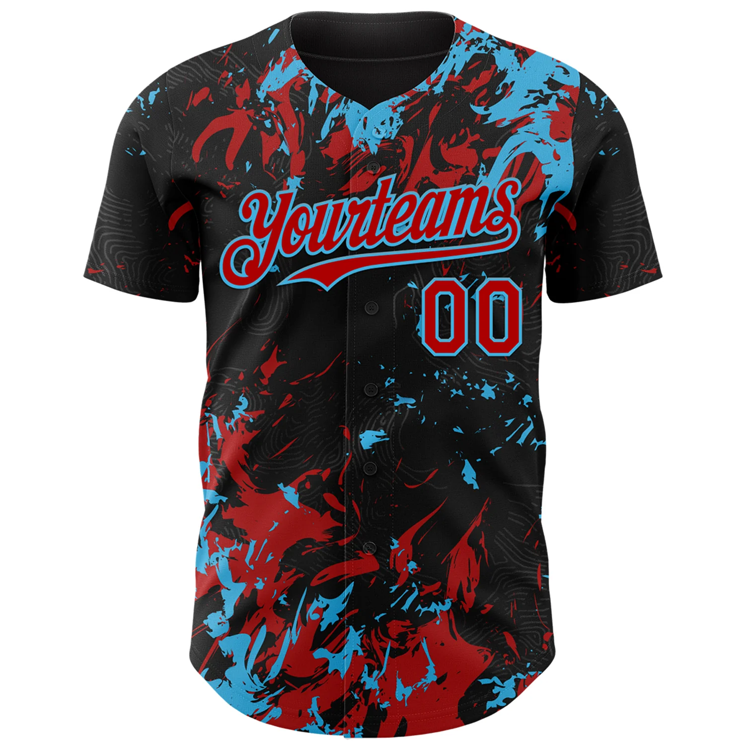Custom Black Red-Sky Blue Splash Authentic Baseball Jersey - Image 2