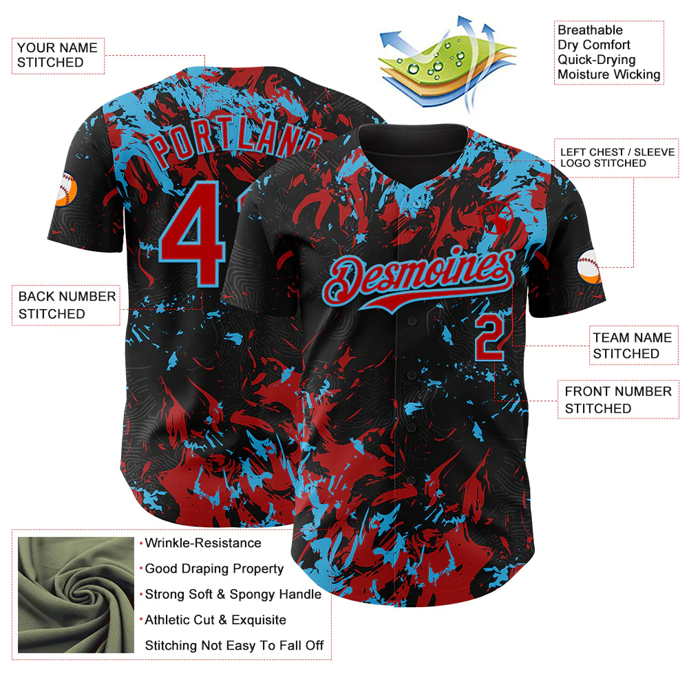 Custom Black Red-Sky Blue Splash Authentic Baseball Jersey - Image 3