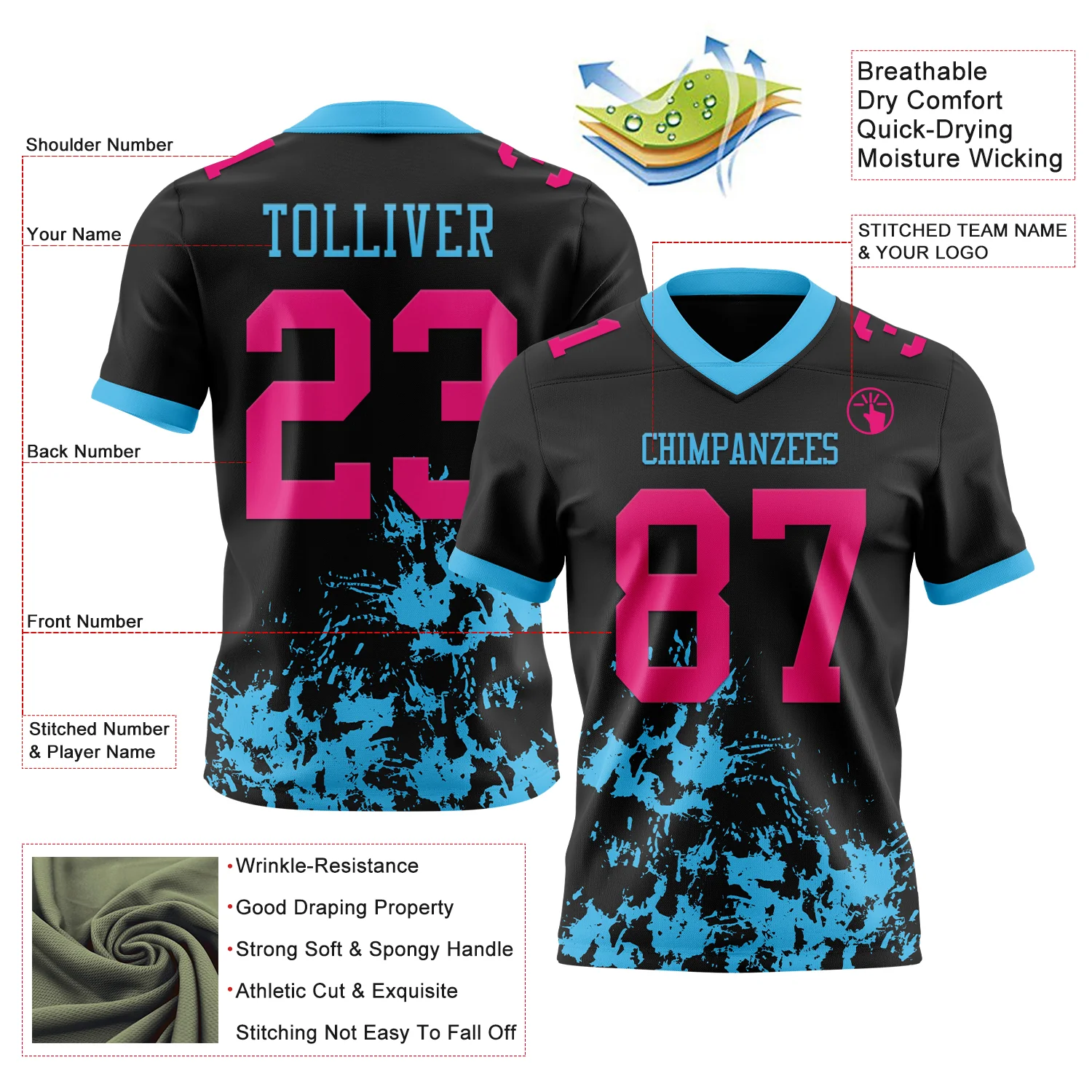 Custom Black Hot Pink-Sky Blue 3D Pattern Splash Authentic Football Jersey - Image 3