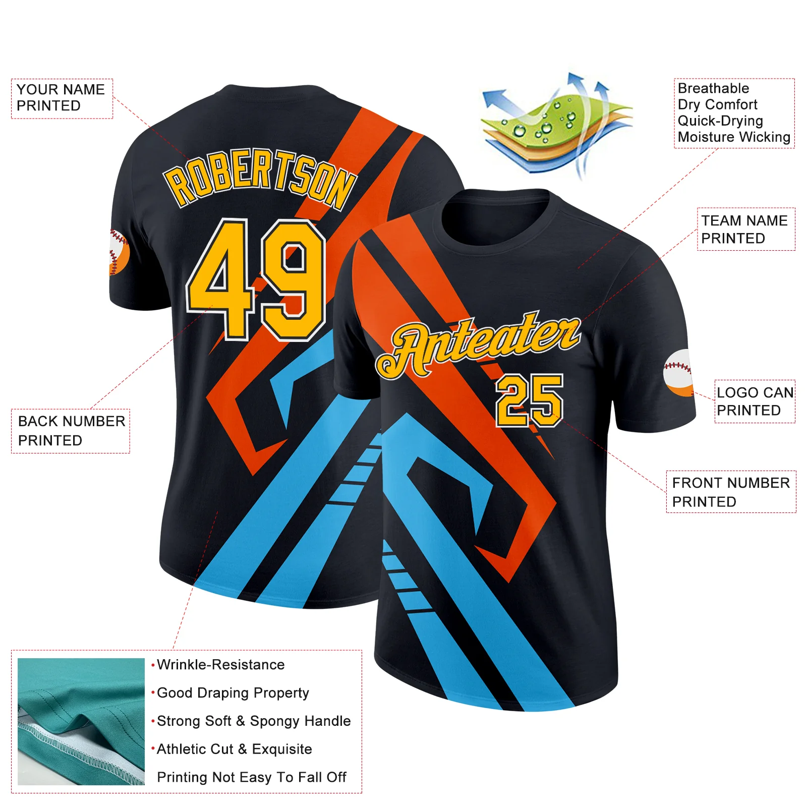 Custom Black Gold Sky Blue-Orange 3D Esports Performance T-Shirt - Image 2