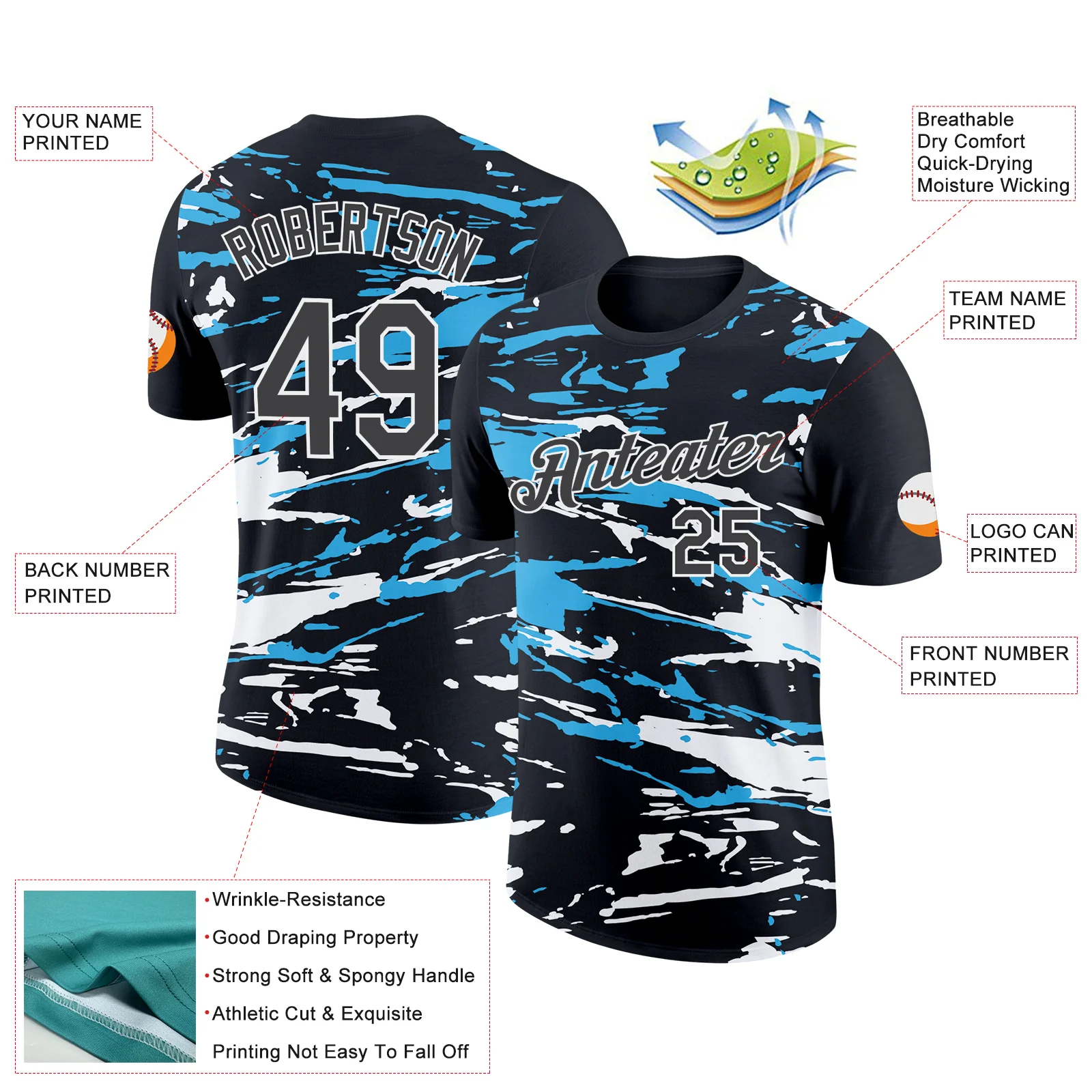 Custom Black Steel Gray-Sky Blue 3D Esports Performance T-Shirt - Image 2