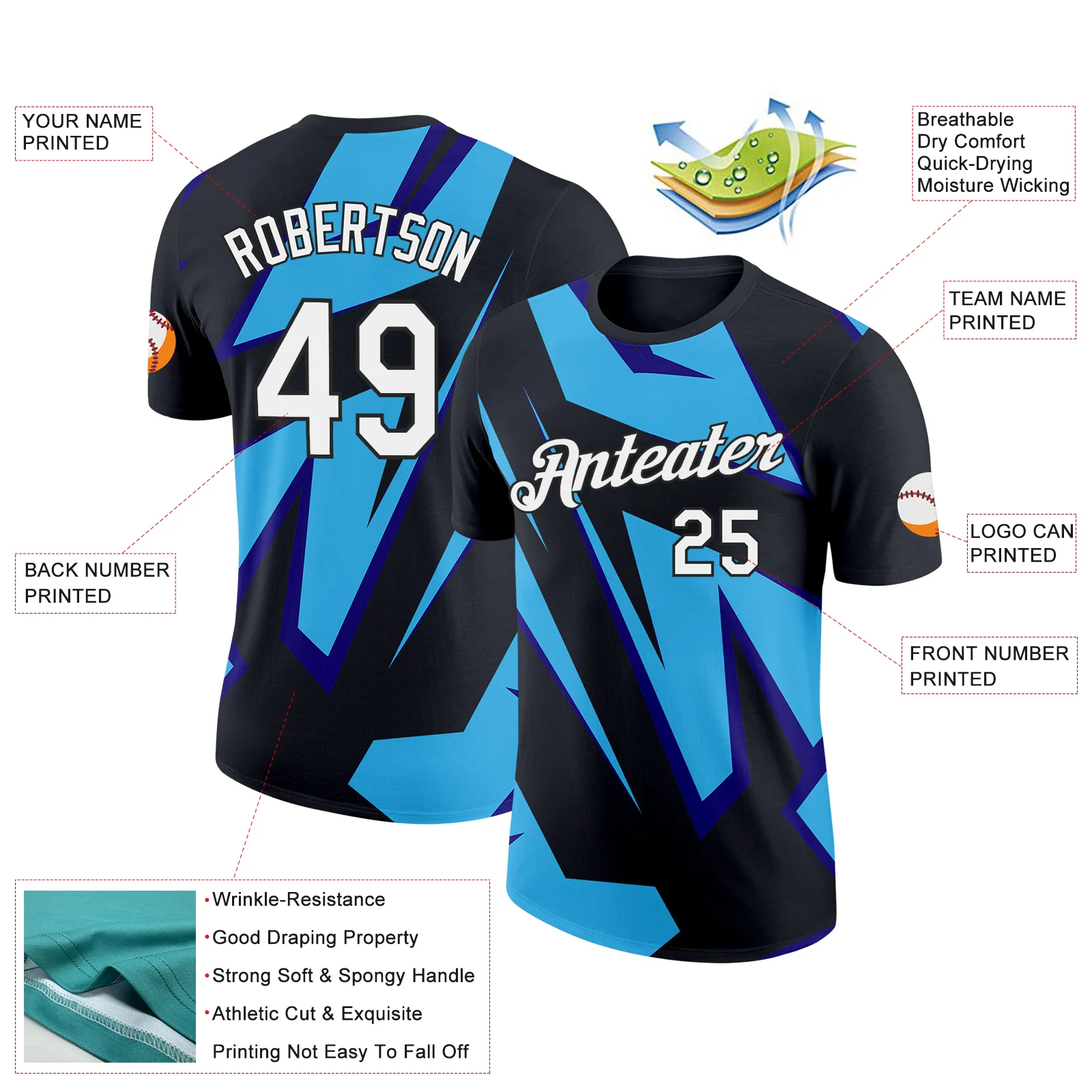 Custom Black Sky Blue-Dark Purple 3D Esports Performance T-Shirt - Image 2