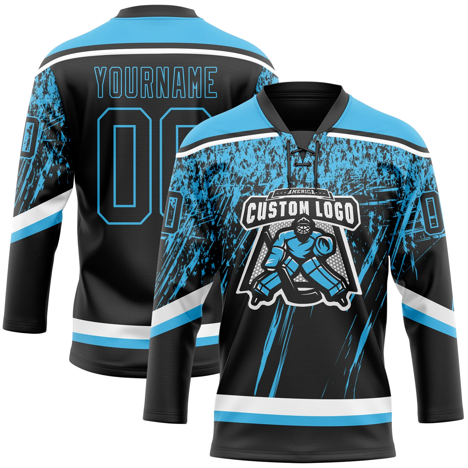 Custom Black Sky Blue-White 3D Splash Hockey Lace Neck Jersey - Image 2