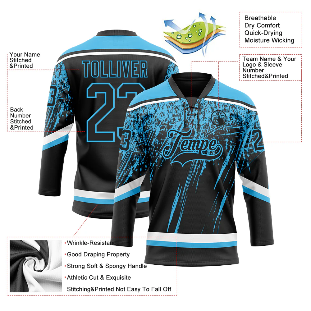 Custom Black Sky Blue-White 3D Splash Hockey Lace Neck Jersey - Image 3