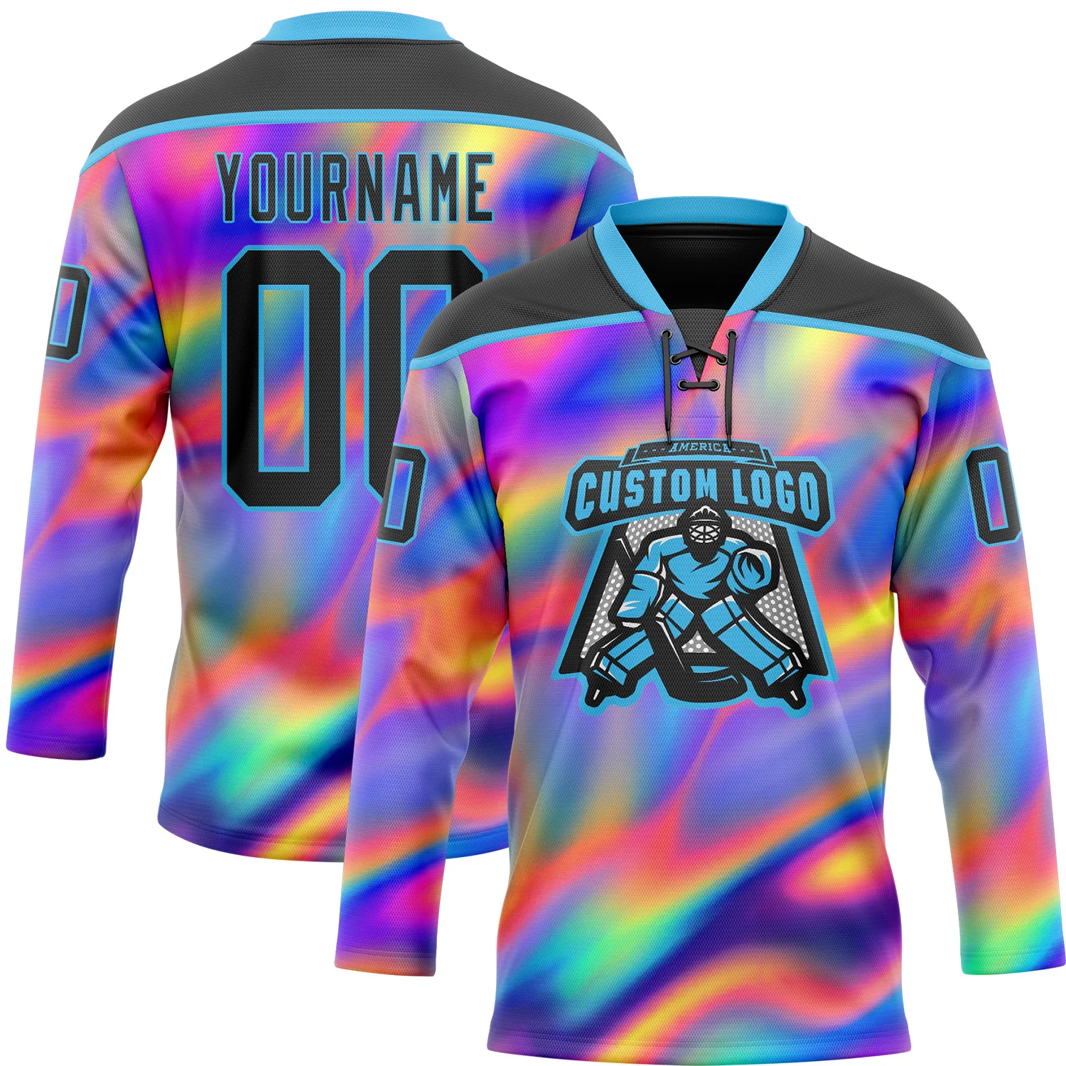 Custom Black Sky Blue Yellow-Green Trippy Psychedelic Neon Trendy Holographic Vaporwave Style Hockey Lace Neck Jersey - Image 2