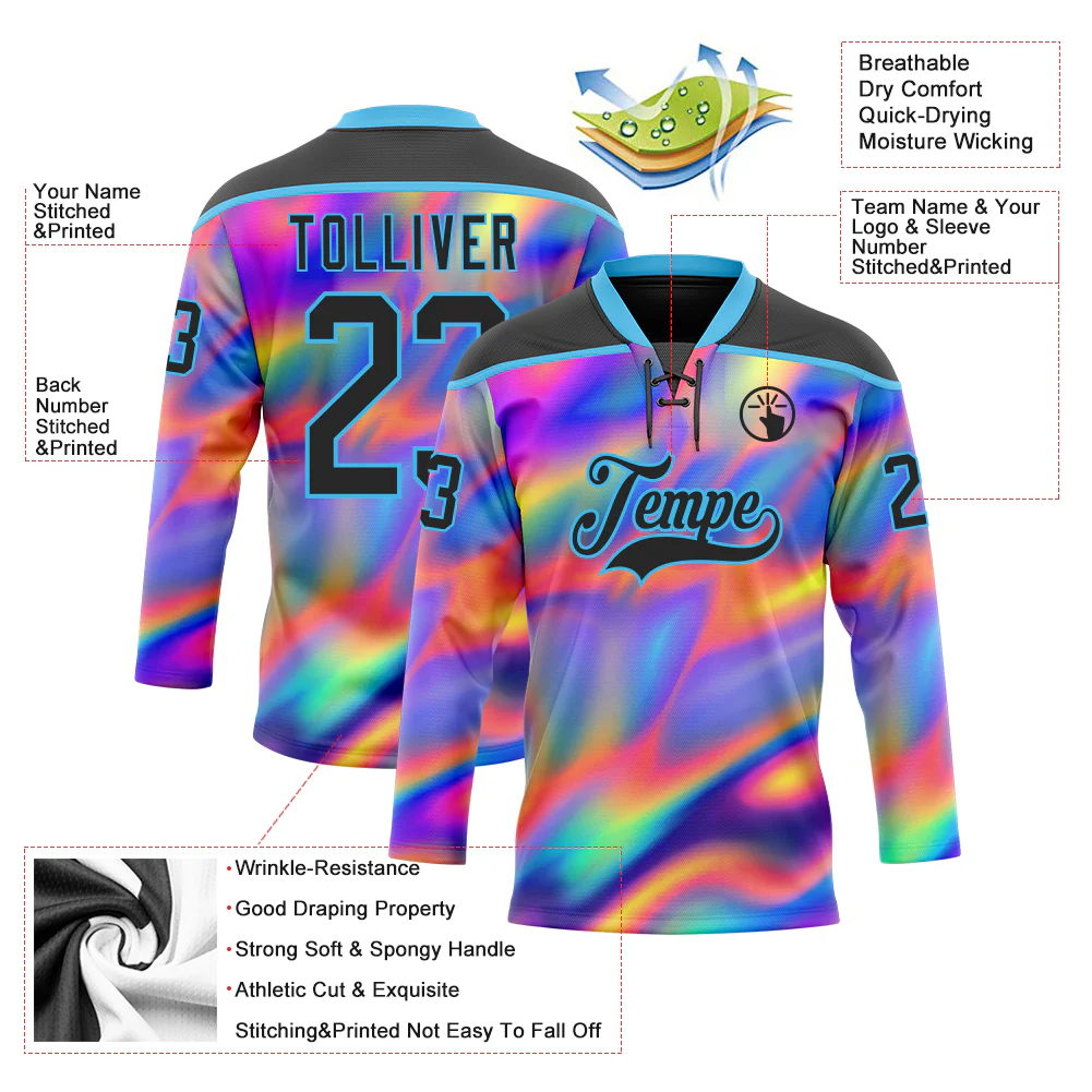 Custom Black Sky Blue Yellow-Green Trippy Psychedelic Neon Trendy Holographic Vaporwave Style Hockey Lace Neck Jersey - Image 5