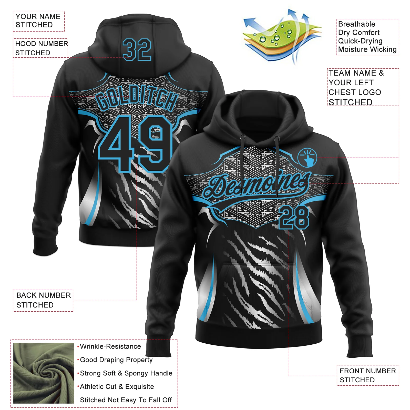 Custom Stitched Black Sky Blue-White E-sports Pattern Pullover Sweatshirt Hoodie - Image 4
