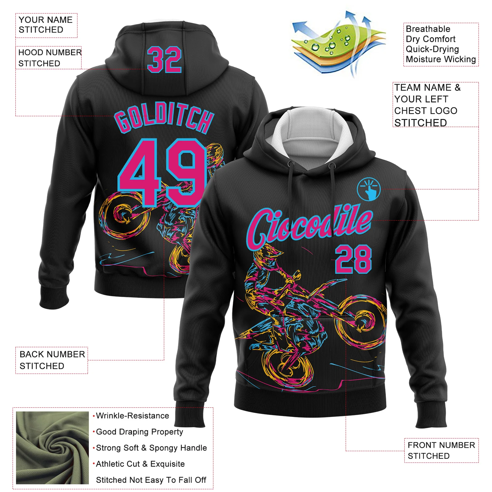 Custom Stitched Black Hot Pink-Sky Blue 3D Pattern Design Motorcycle Motocross Racing Sports Pullover Sweatshirt Hoodie - Image 2
