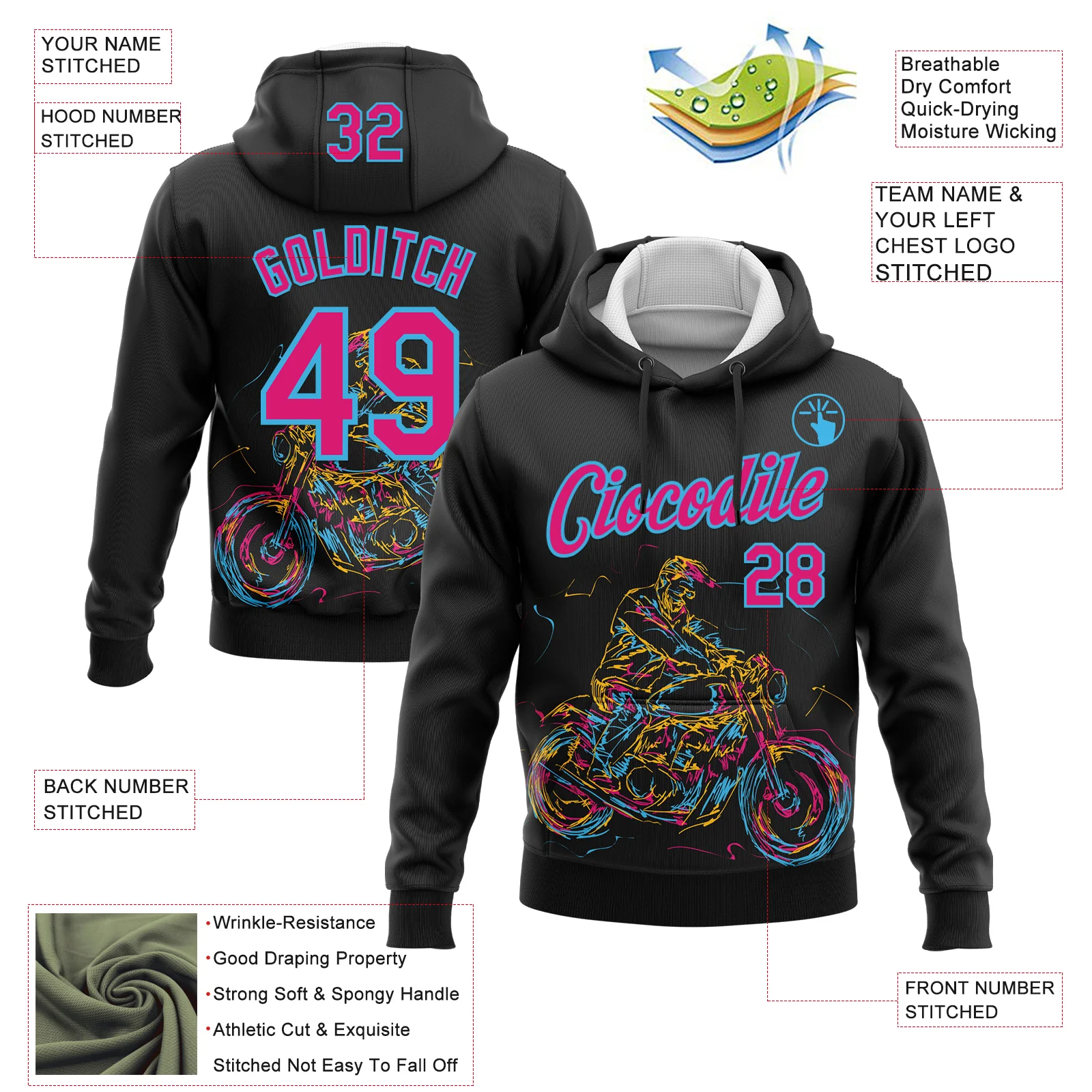 Custom Stitched Black Hot Pink-Sky Blue 3D Pattern Design Motorcycle Motocross Racing Sports Pullover Sweatshirt Hoodie - Image 2
