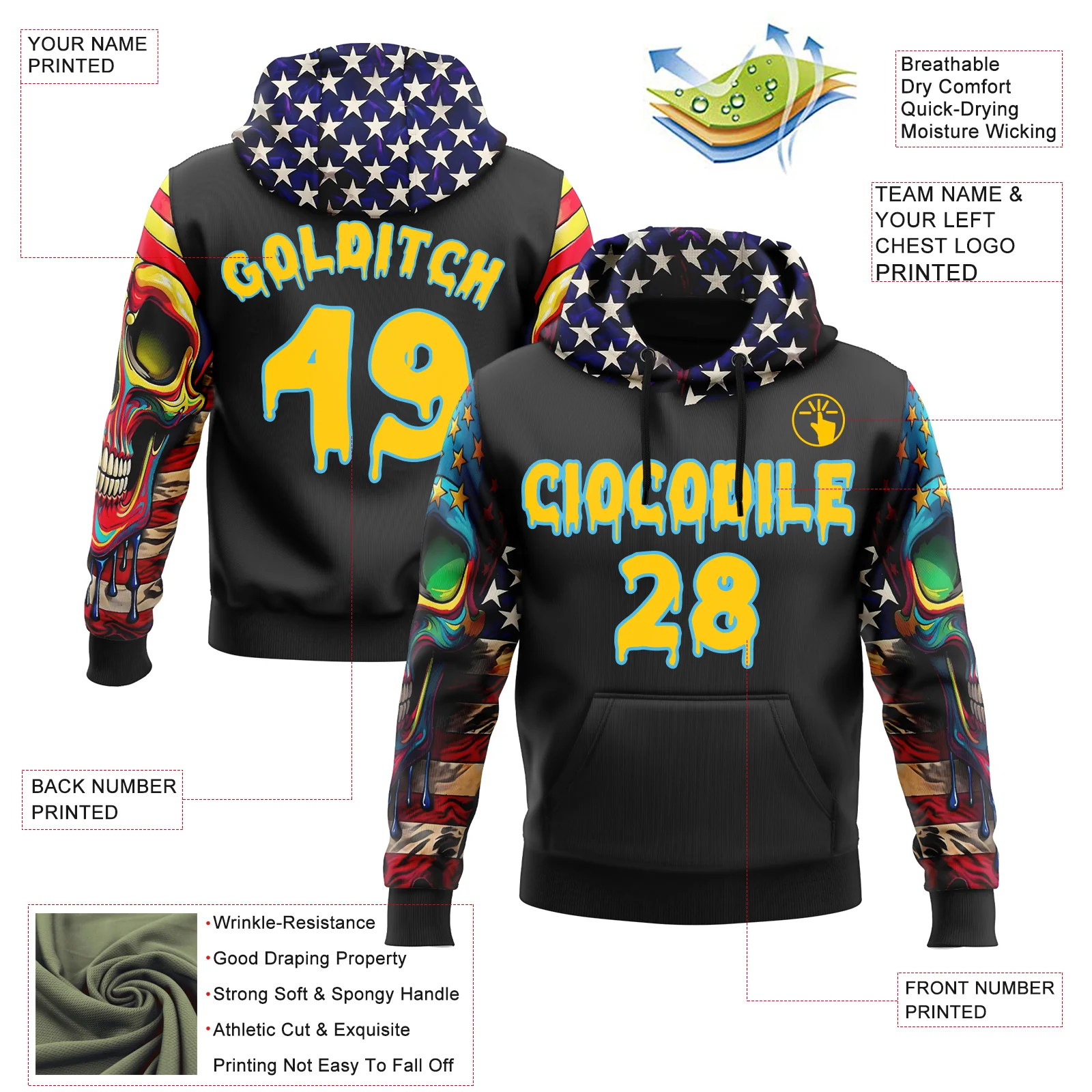 Custom Black Yellow-Sky Blue 3D Skull American Flag Inspired Graffiti Sports Pullover Sweatshirt Hoodie - Image 2