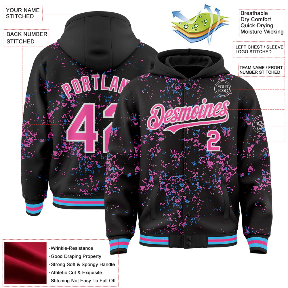 Custom Black Pink Sky Blue-White Fragment Pattern Bomber Full-Snap Varsity Letterman Hoodie Jacket - Image 4