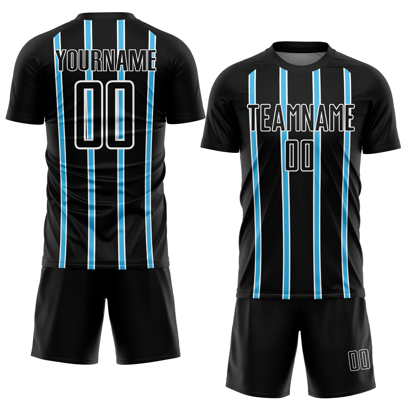 Custom Black Sky Blue-White Stripe Line Sublimation Soccer Uniform Jersey - Image 2