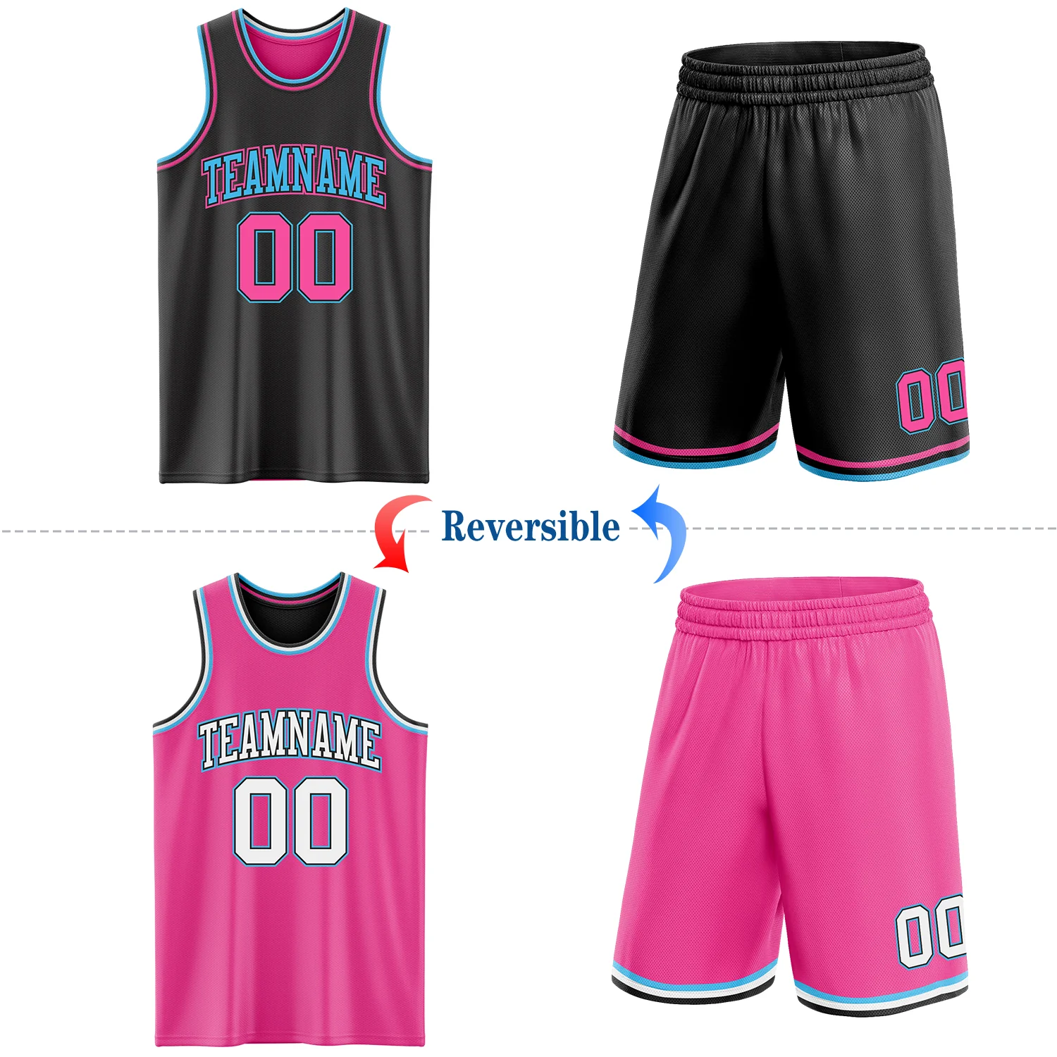 Custom Reversible Black Pink-Sky Blue Double Side Sublimation Basketball Suit Jersey - Image 2