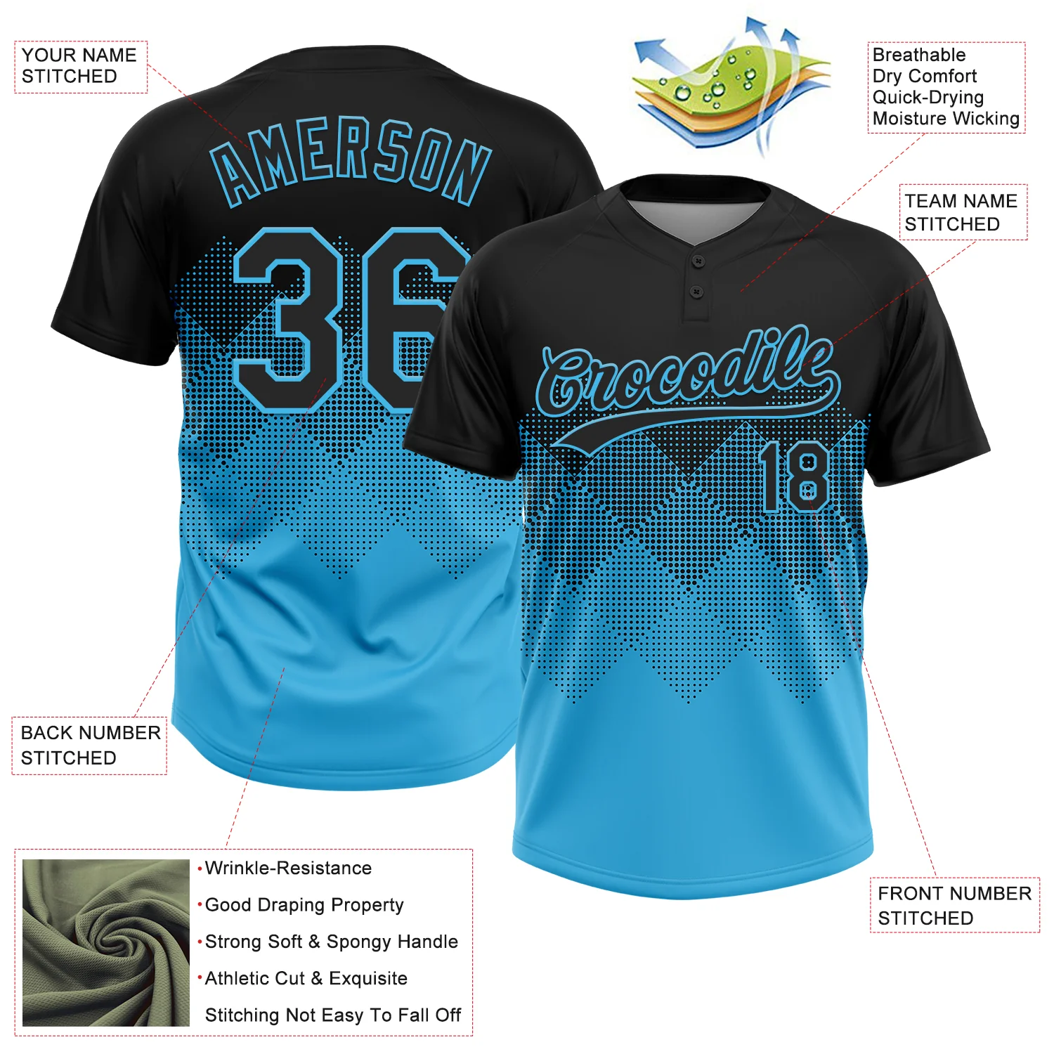Custom Black Sky Blue 3D Gradient Square Shape Two-Button Unisex Softball Jersey - Image 3