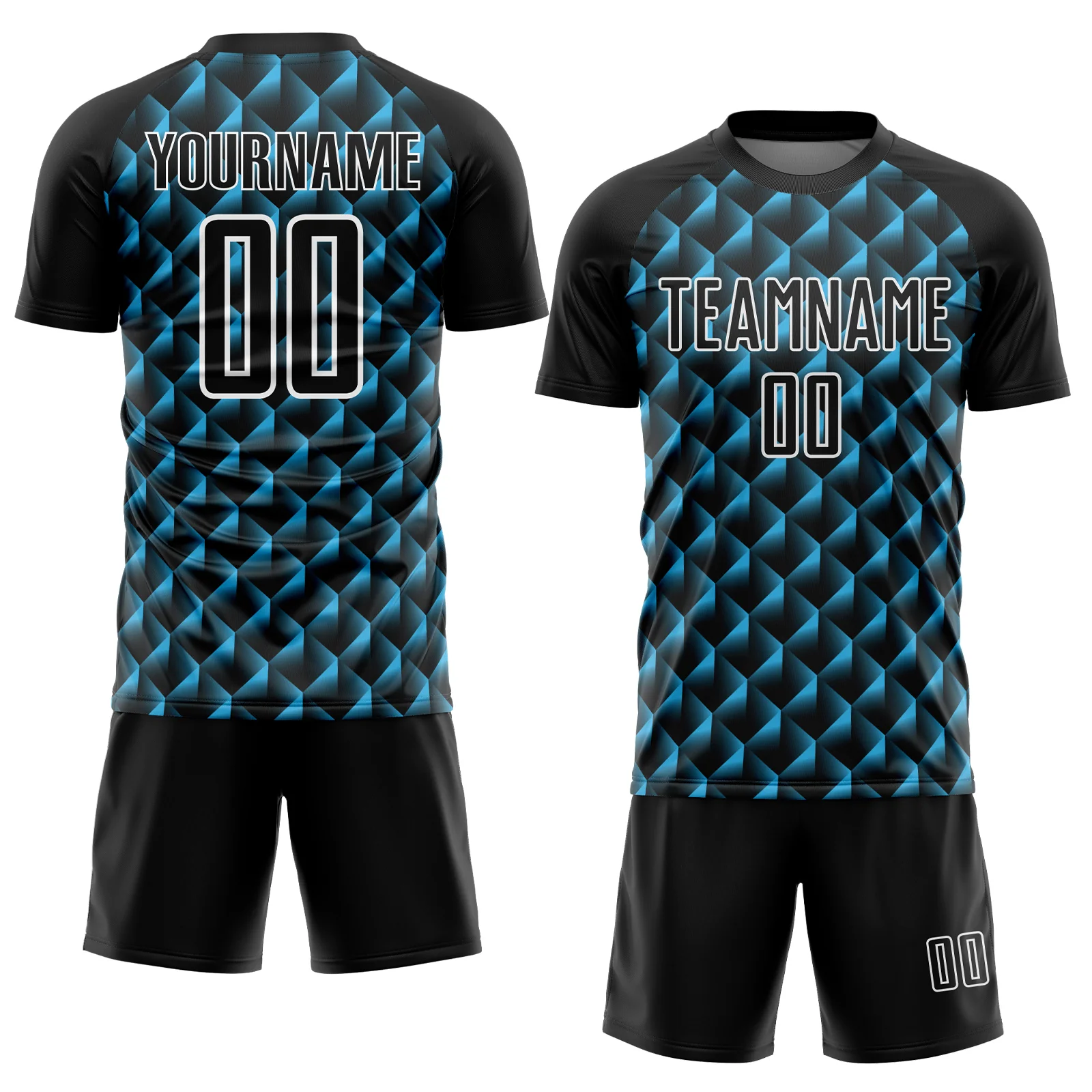 Custom Black Sky Blue-White Geometric Shape Sublimation Soccer Uniform Jersey - Image 2
