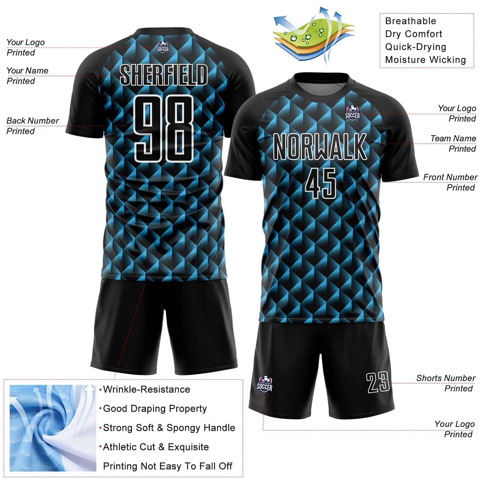Custom Black Sky Blue-White Geometric Shape Sublimation Soccer Uniform Jersey - Image 4