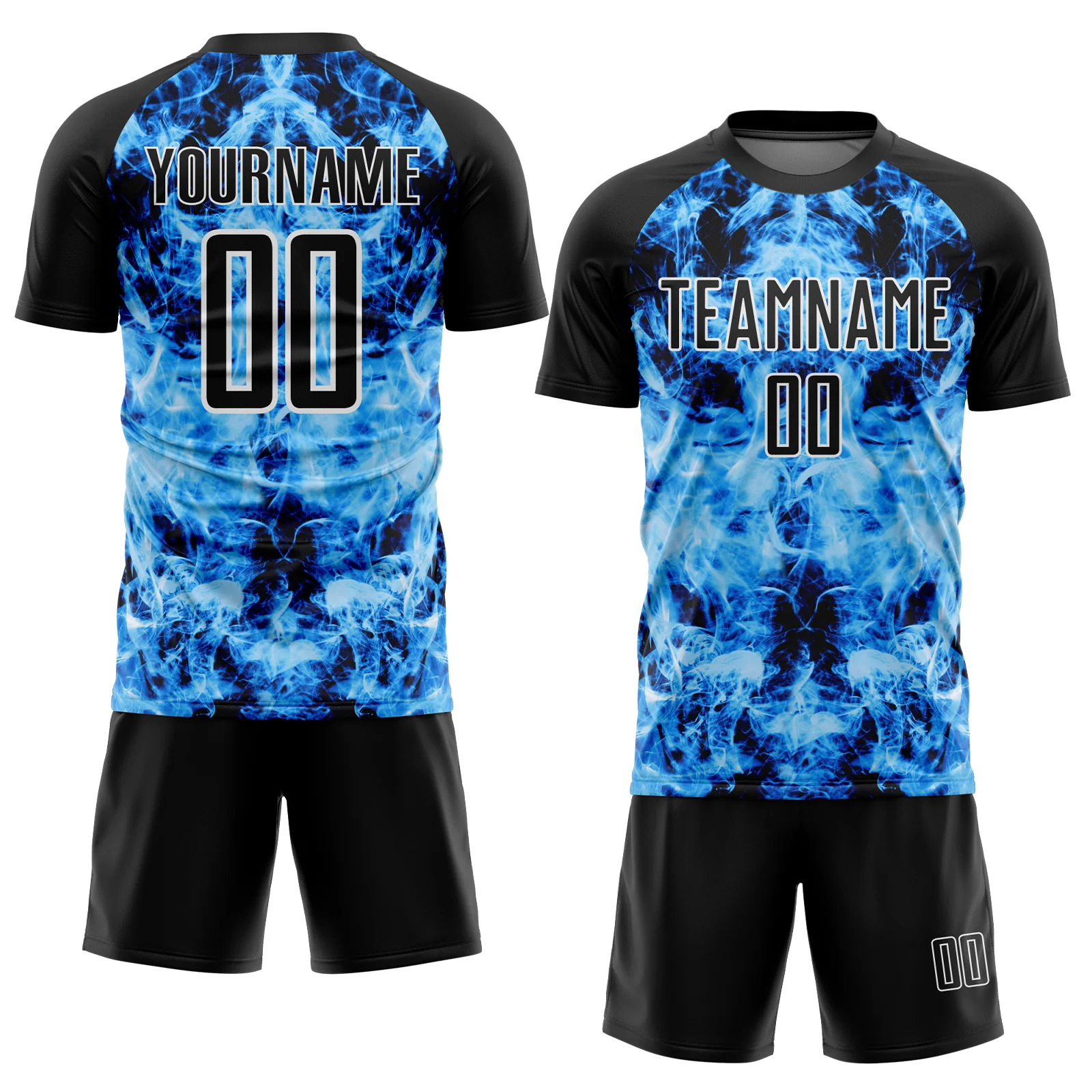 Custom Black Sky Blue-White Flame Sublimation Soccer Uniform Jersey - Image 2