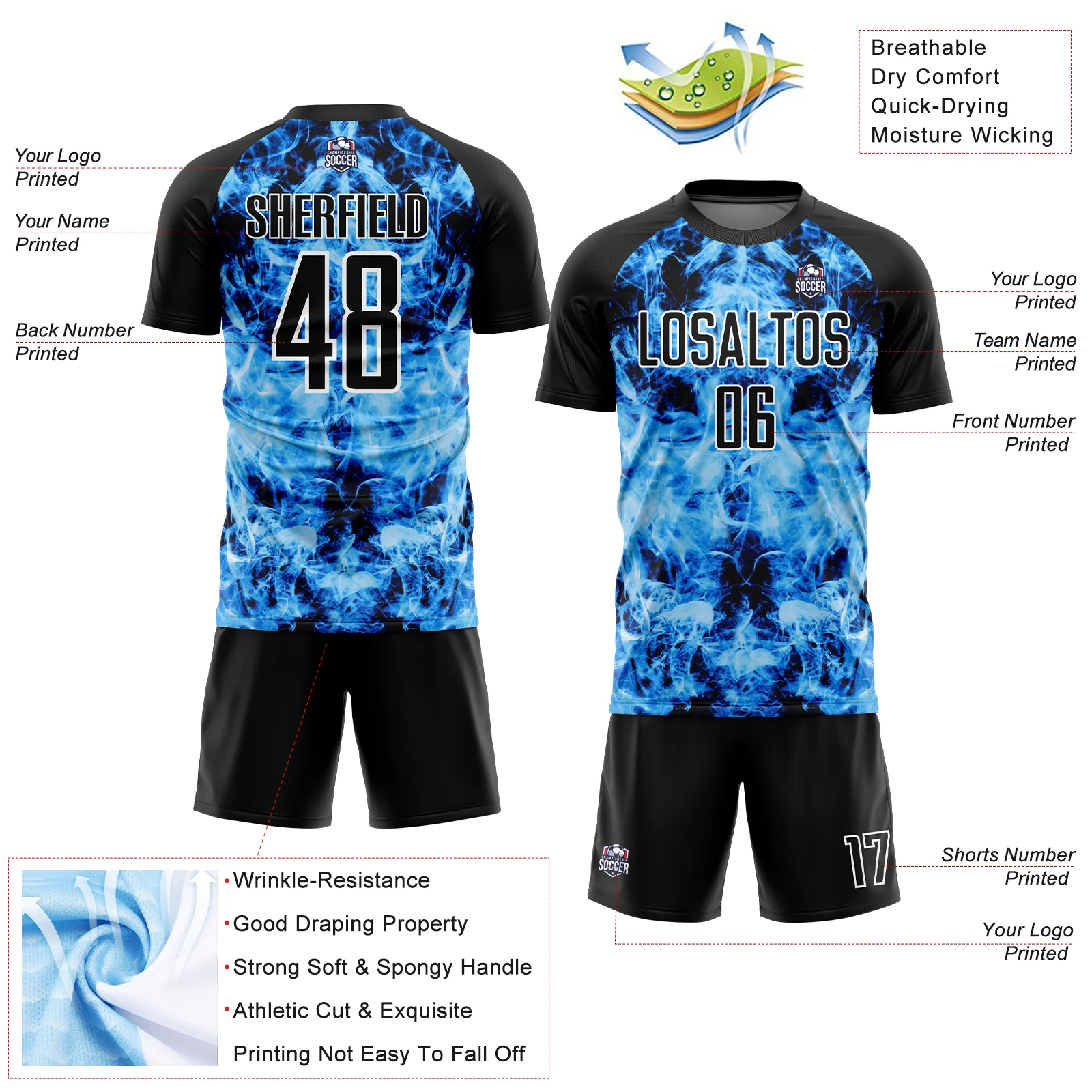 Custom Black Sky Blue-White Flame Sublimation Soccer Uniform Jersey - Image 4