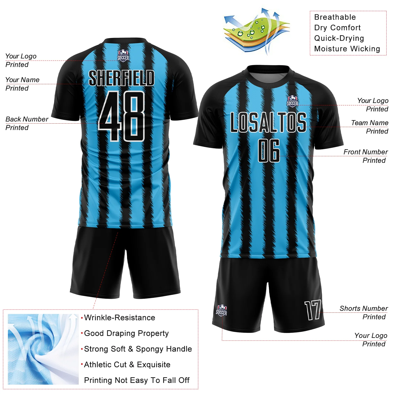 Custom Black Sky Blue-White Line Sublimation Soccer Uniform Jersey - Image 4