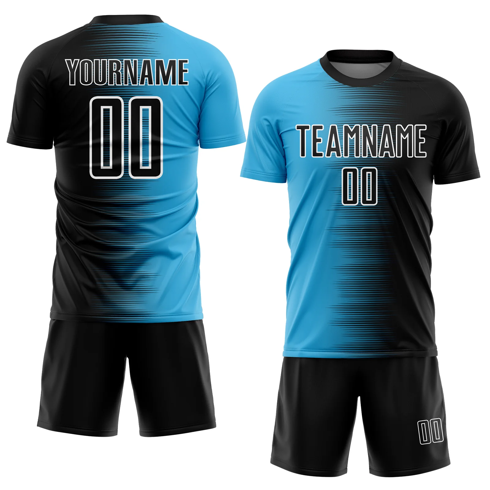 Custom Black Sky Blue-White Gradient Line Sublimation Soccer Uniform Jersey - Image 2
