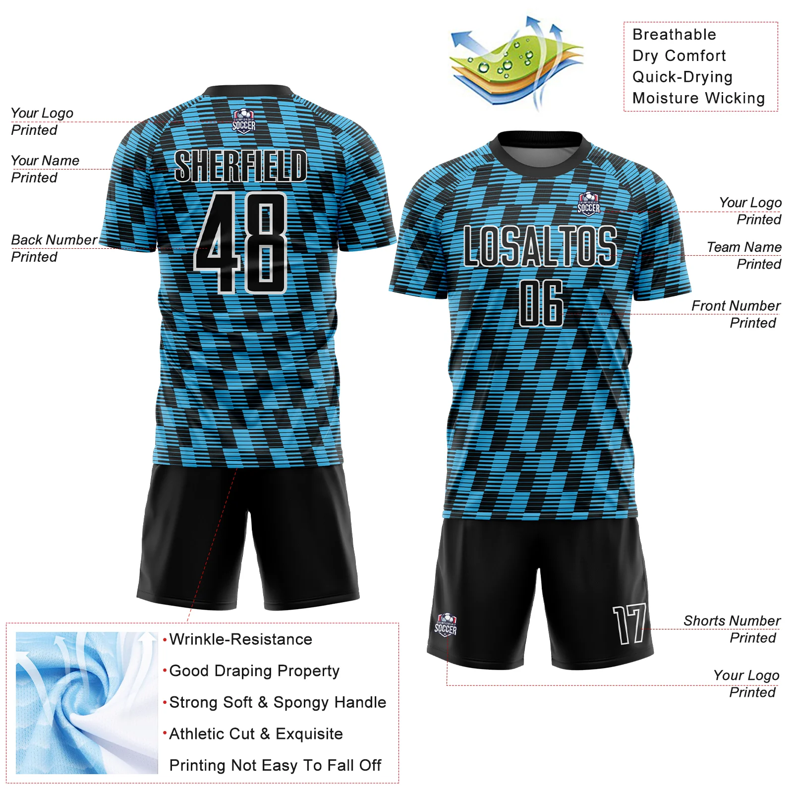 Custom Black Sky Blue-White Line Sublimation Soccer Uniform Jersey - Image 4