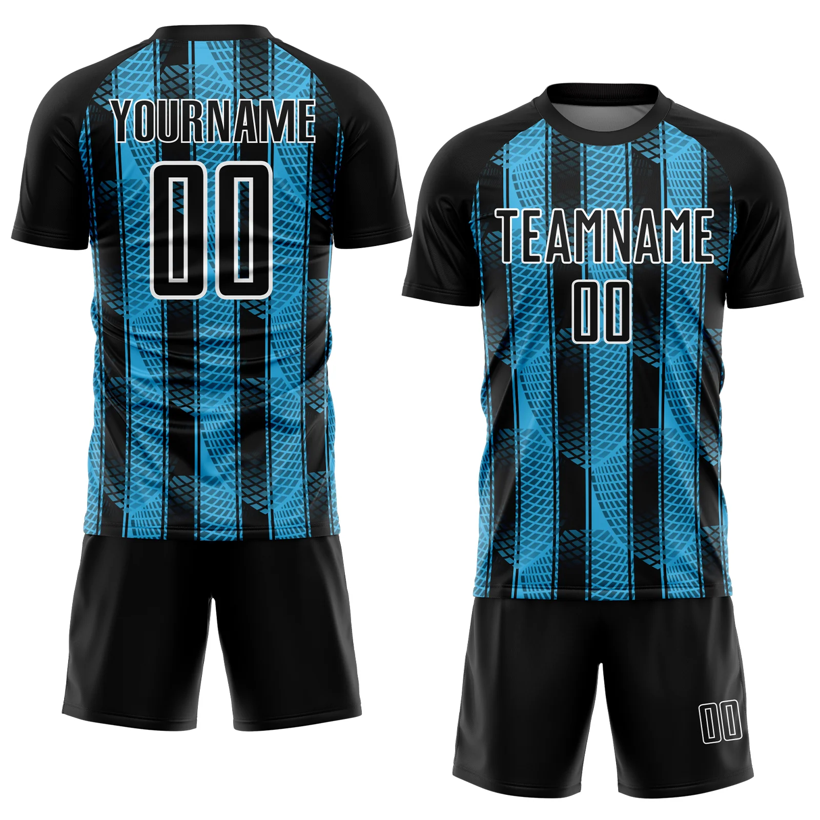 Custom Black Sky Blue-White Abstract Network Sublimation Soccer Uniform Jersey - Image 2