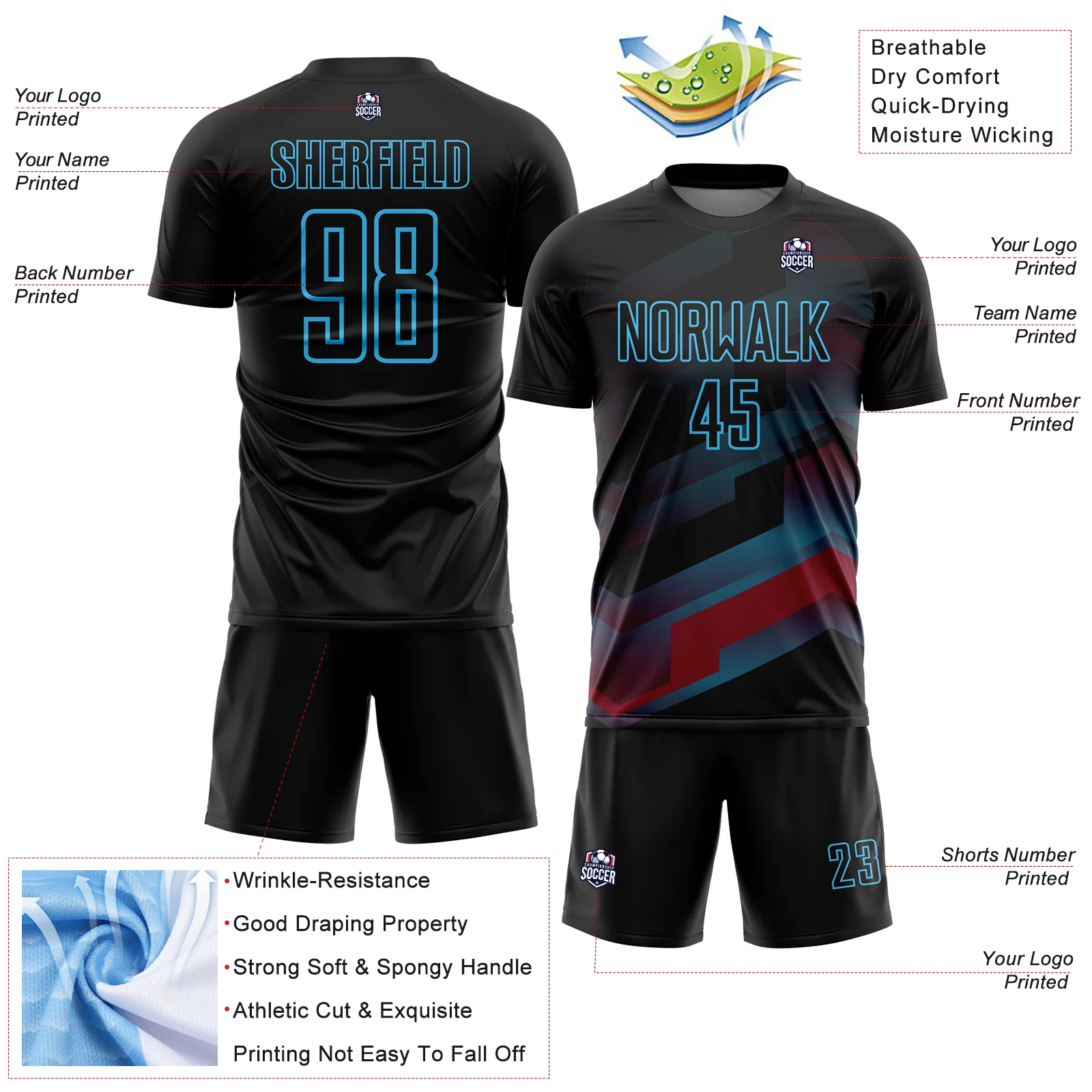 Custom Black Sky Blue Gradient Arrow Geometric Shapes Sublimation Soccer Uniform Jersey - Image 4
