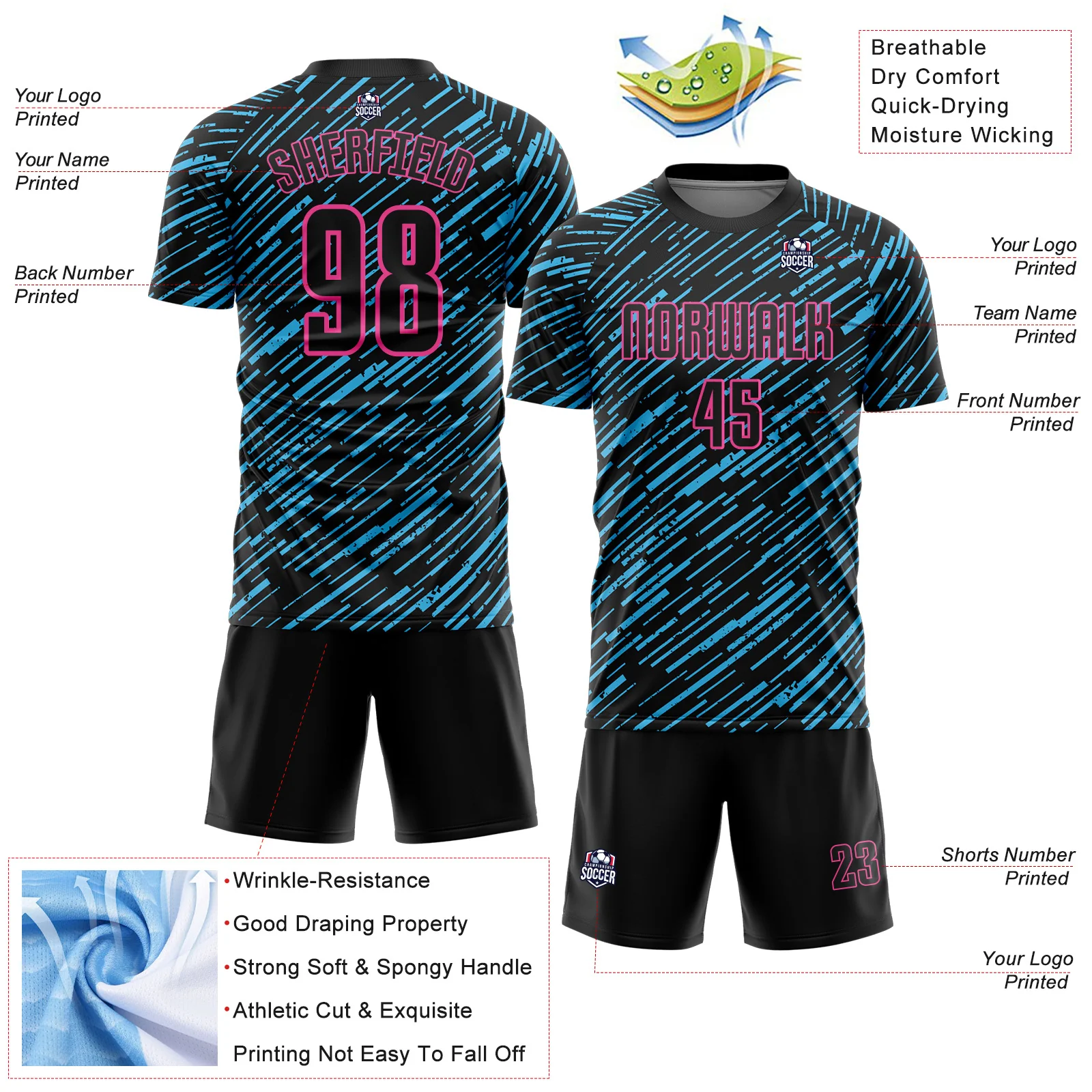 Custom Black Sky Blue-Pink Line Sports Sublimation Soccer Uniform Jersey - Image 4