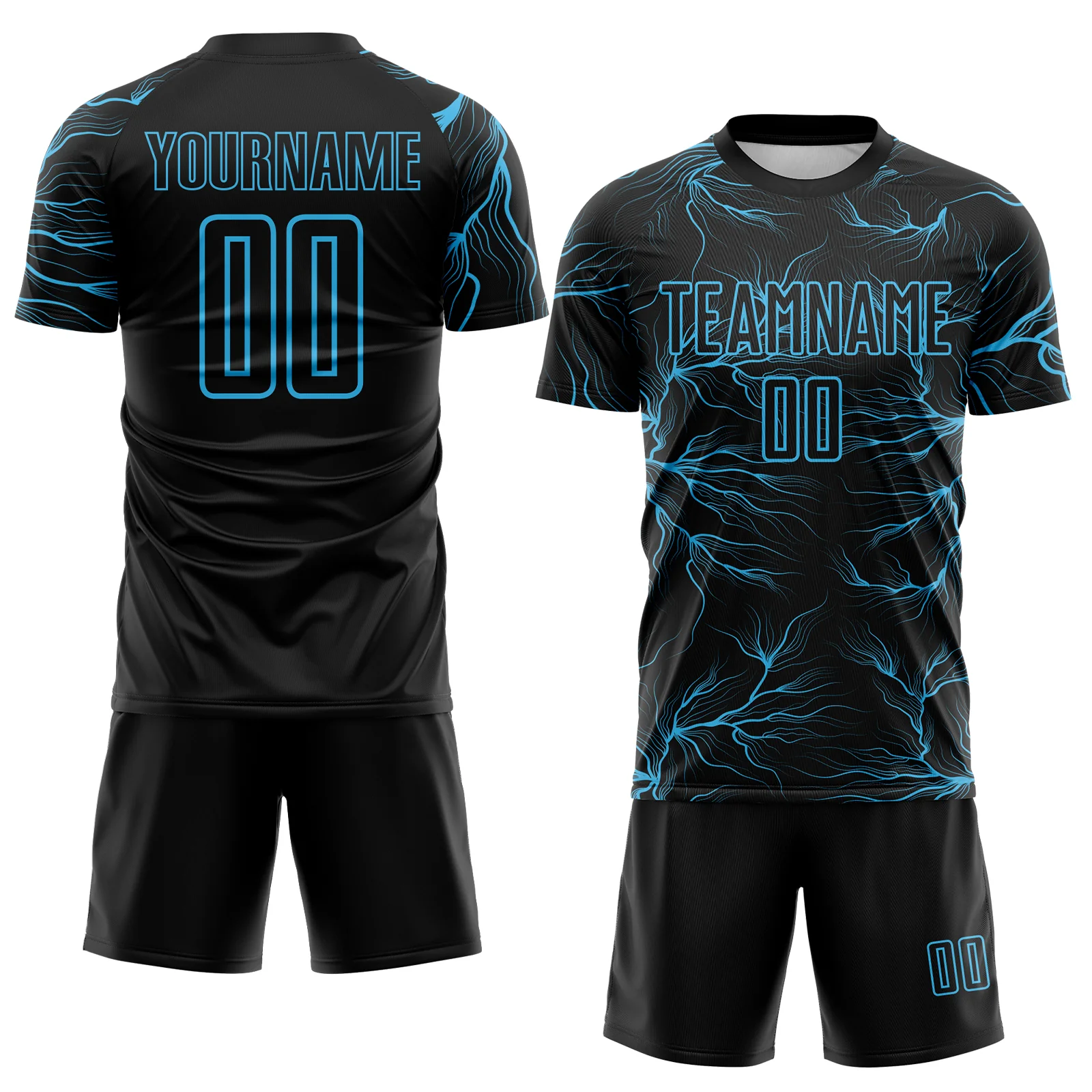 Custom Black Sky Blue Lightning Electric Veins Sublimation Soccer Uniform Jersey - Image 2