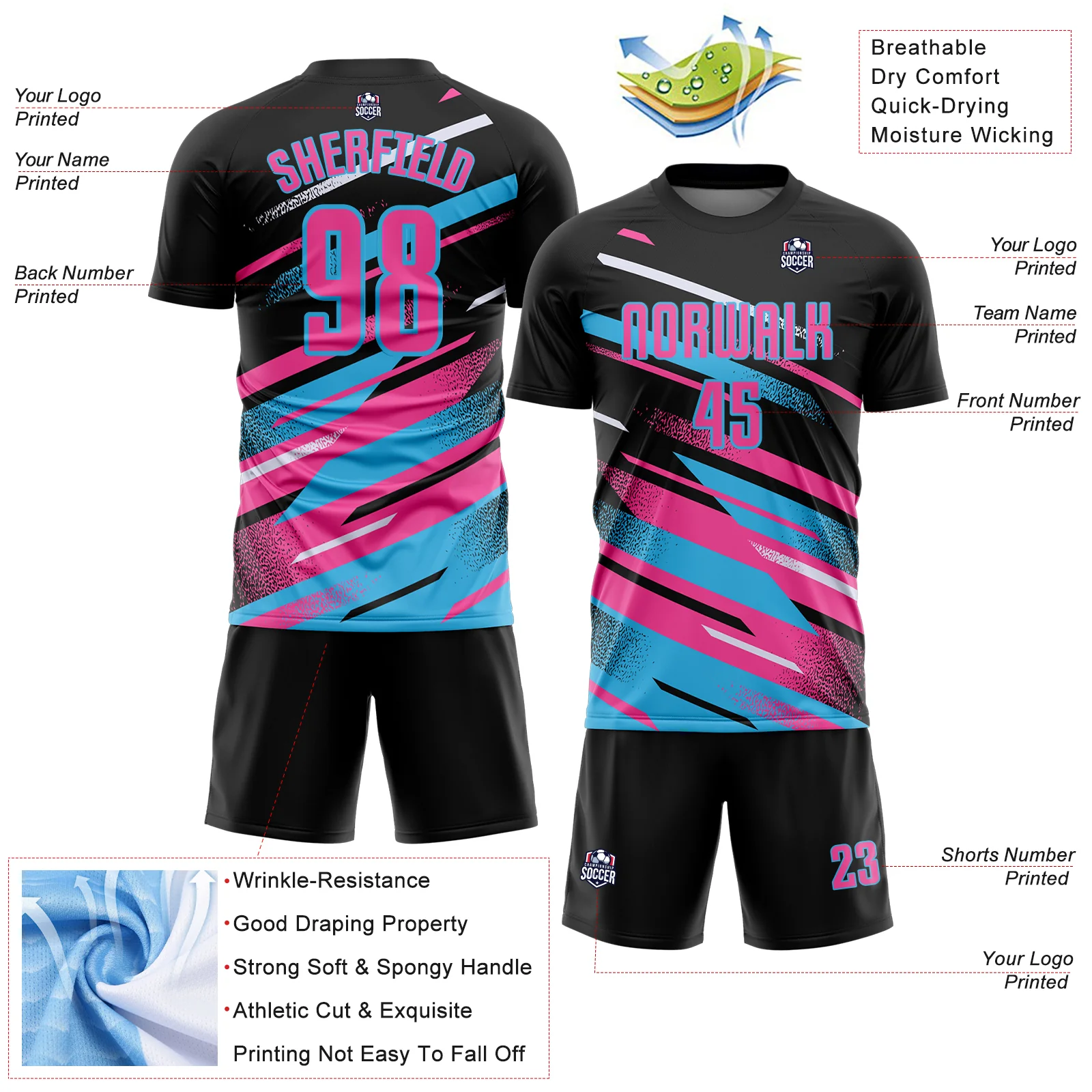 Custom Black Pink Sky Blue-White Grunge Stripe And Grainy Sports Sublimation Soccer Uniform Jersey - Image 4