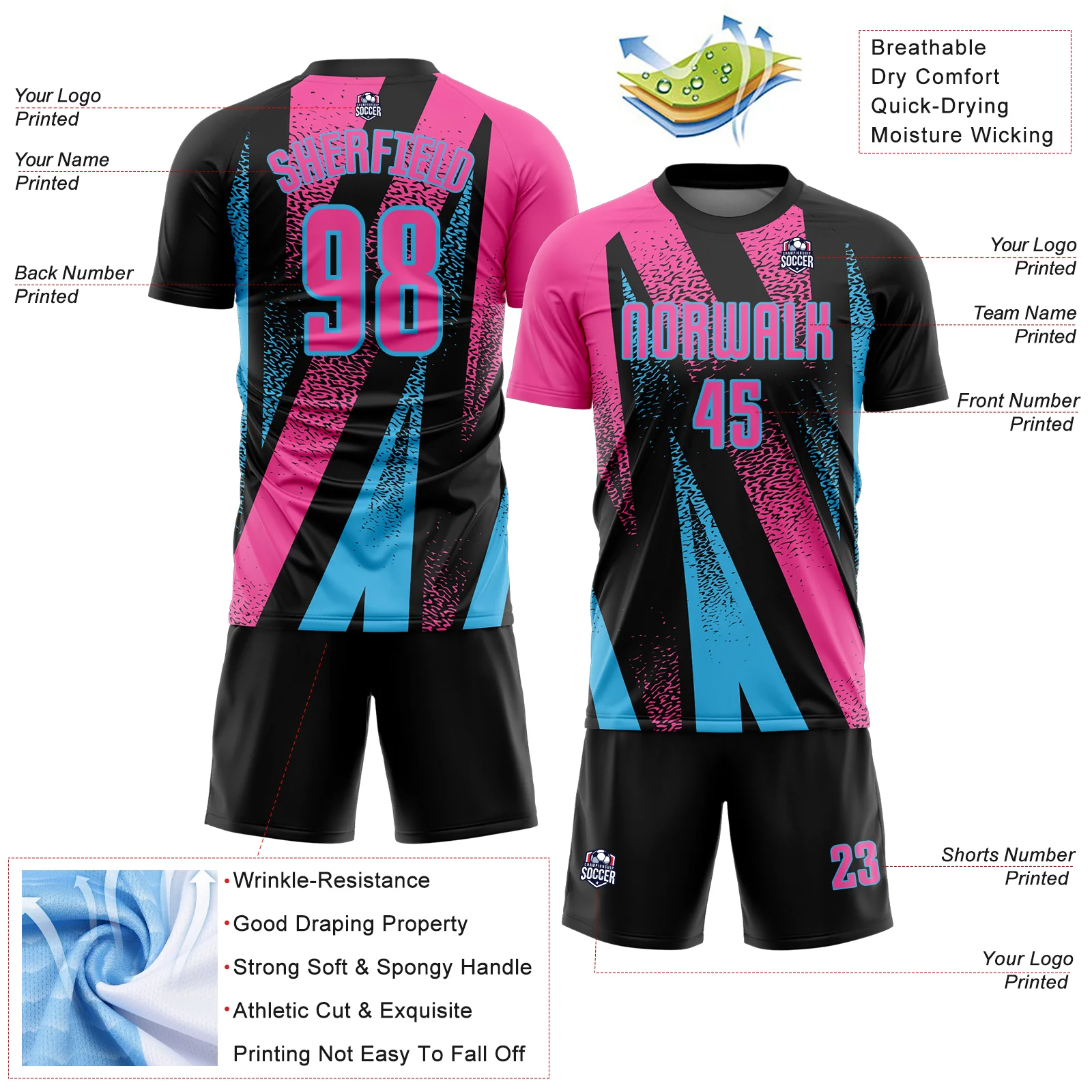 Custom Black Pink-Sky Blue Radial Burst Sports Sublimation Soccer Uniform Jersey - Image 4
