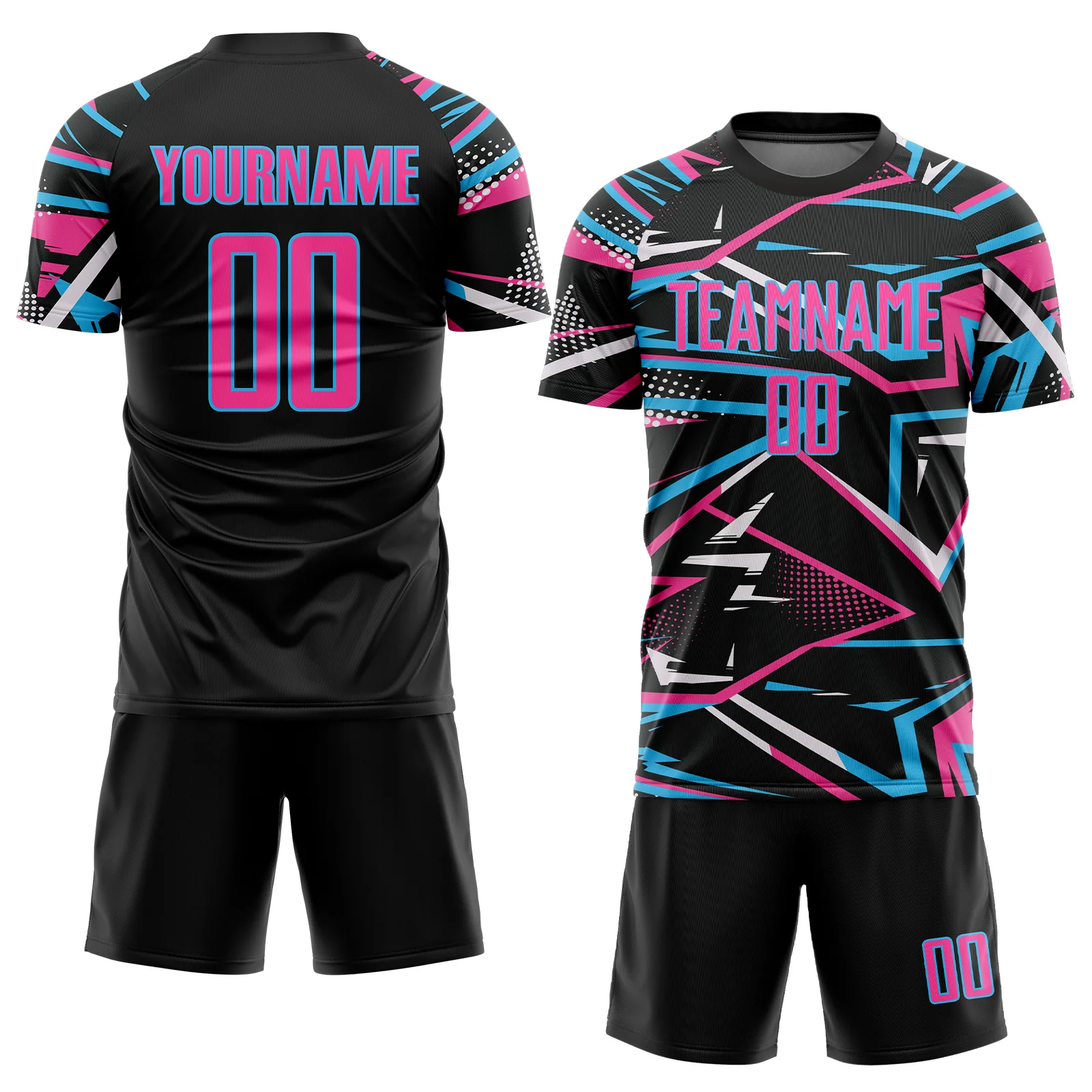 Custom Black Pink Sky Blue-White Abstract Geometric Stripes Sports Sublimation Soccer Uniform Jersey - Image 2