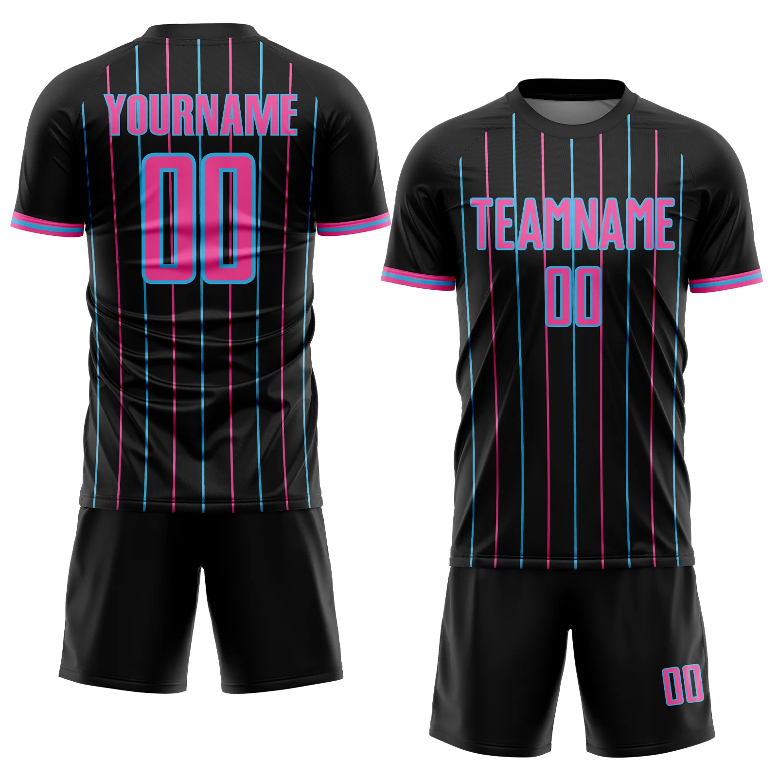 Custom Black Pink-Sky Blue France Vertical Pinstripe Sublimation Soccer Uniform Jersey - Image 2