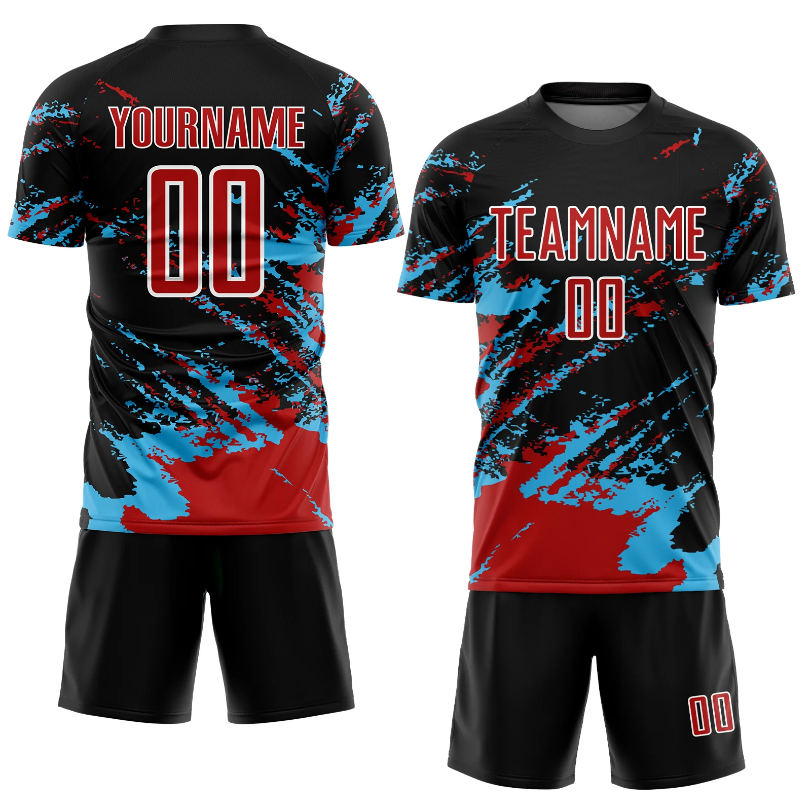 Custom Black Red-Sky Blue Abstract Fragment Art Splash Sublimation Soccer Uniform Jersey - Image 2