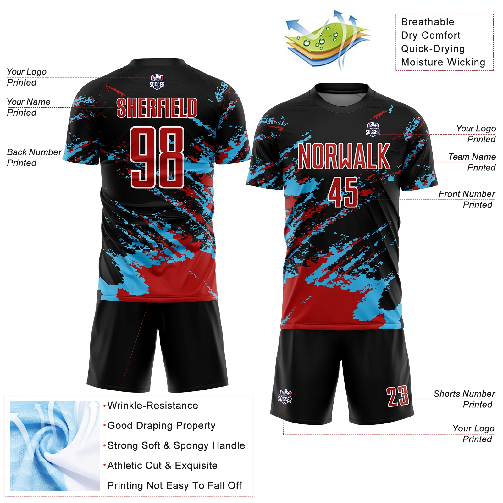Custom Black Red-Sky Blue Abstract Fragment Art Splash Sublimation Soccer Uniform Jersey - Image 4