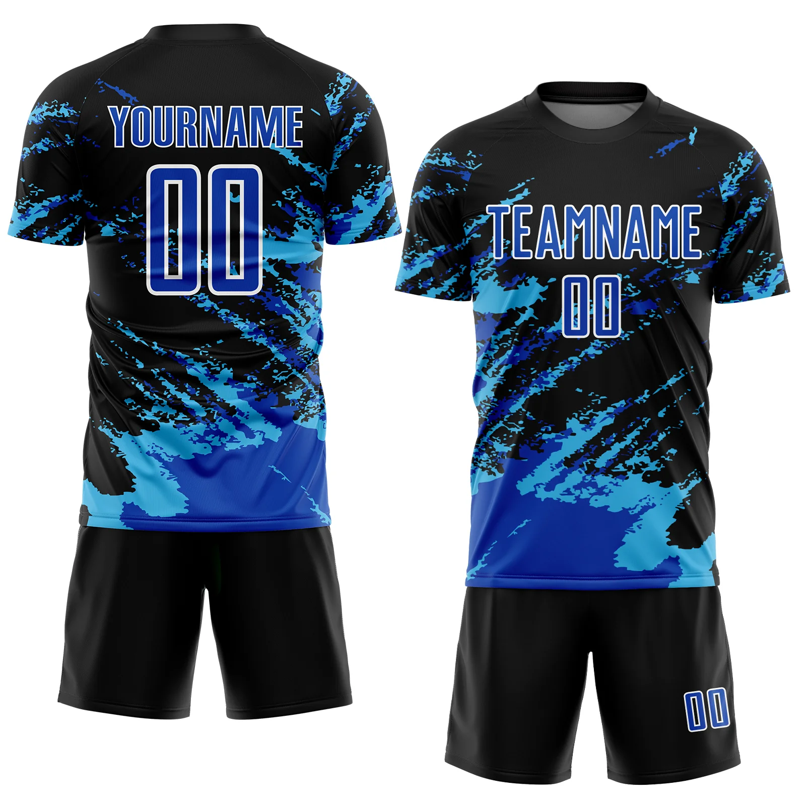 Custom Black Thunder Blue-Sky Blue Abstract Fragment Art Splash Sublimation Soccer Uniform Jersey - Image 2