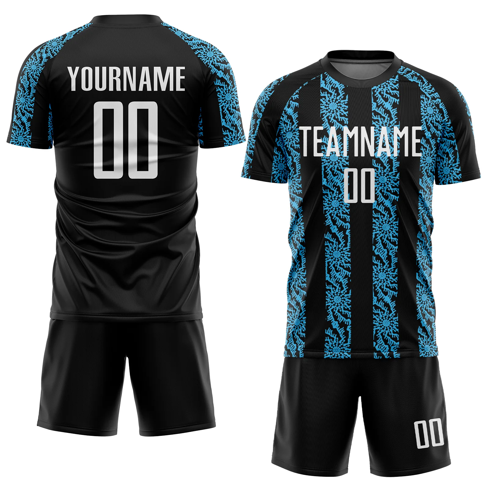 Custom Black White-Sky Blue Abstract Shape Sublimation Soccer Uniform Jersey - Image 2