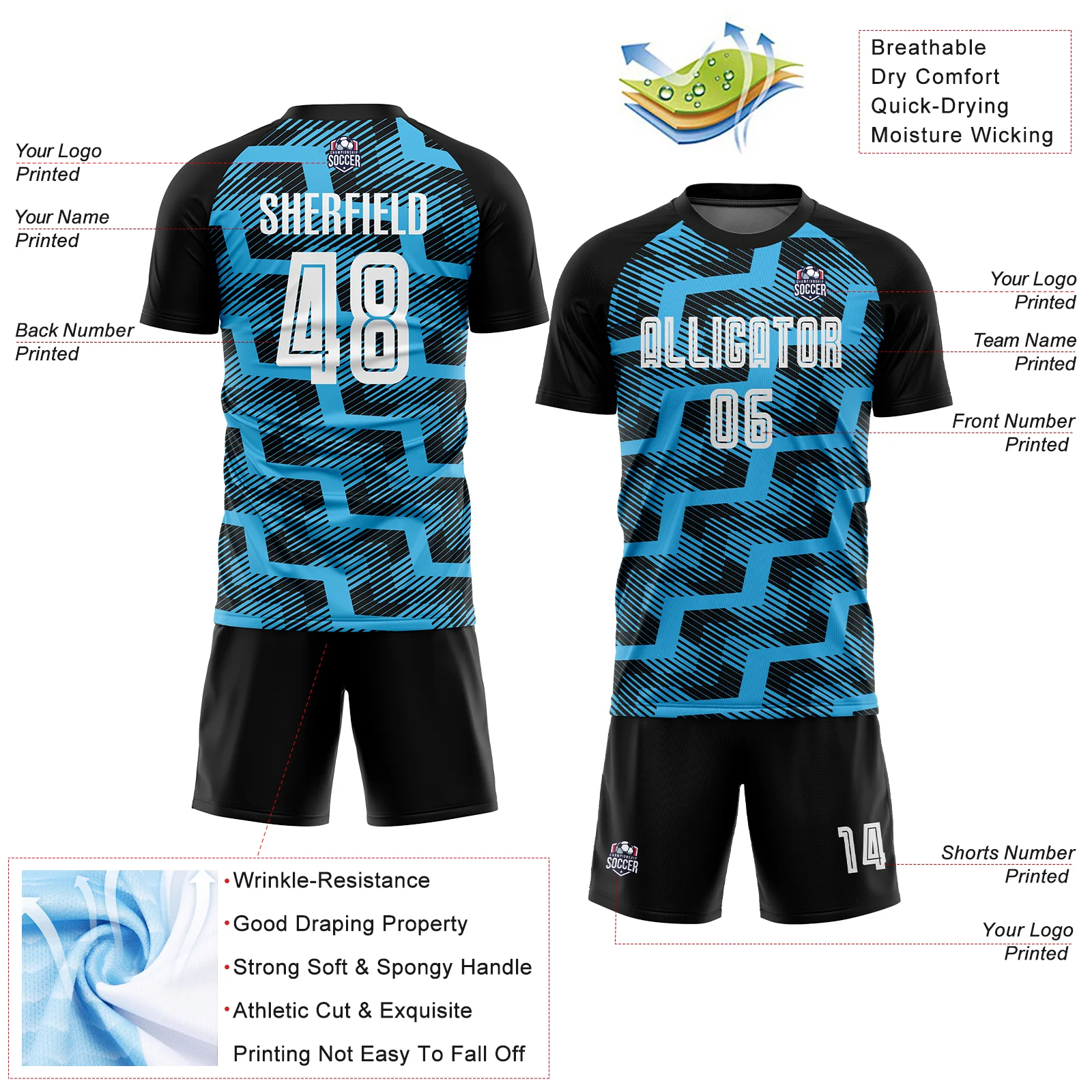 Custom Black White-Sky Blue Line Sublimation Soccer Uniform Jersey - Image 4