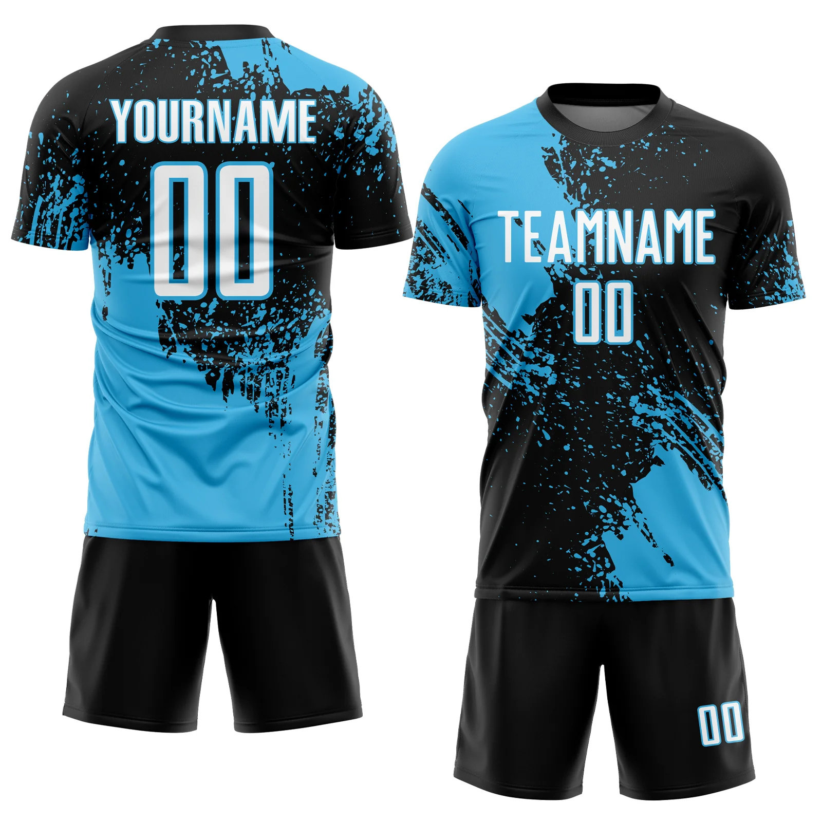 Custom Black White-Sky Blue Abstract Brush Stroke Sports Sublimation Soccer Uniform Jersey - Image 2