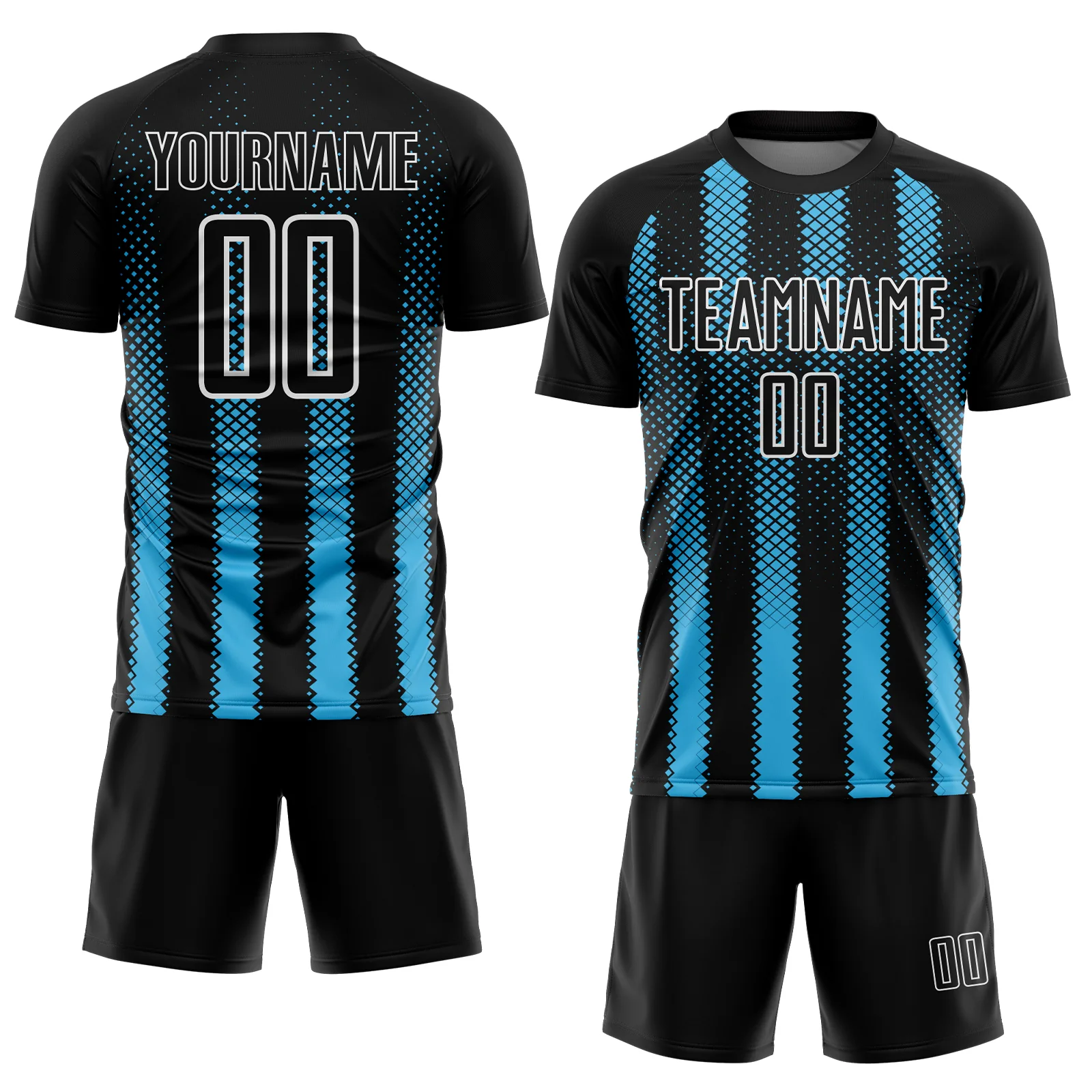 Custom Black Sky Blue-White Geometric Shape Sublimation Soccer Uniform Jersey - Image 2