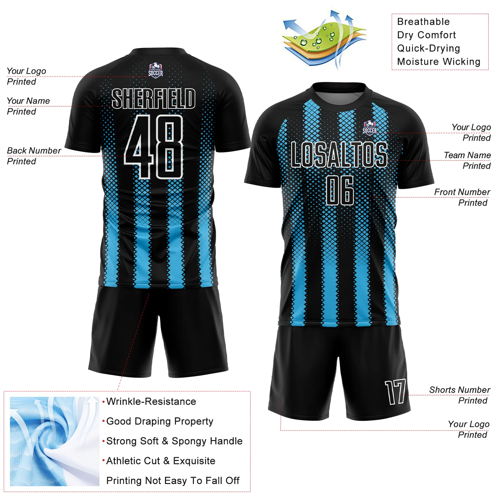 Custom Black Sky Blue-White Geometric Shape Sublimation Soccer Uniform Jersey - Image 4