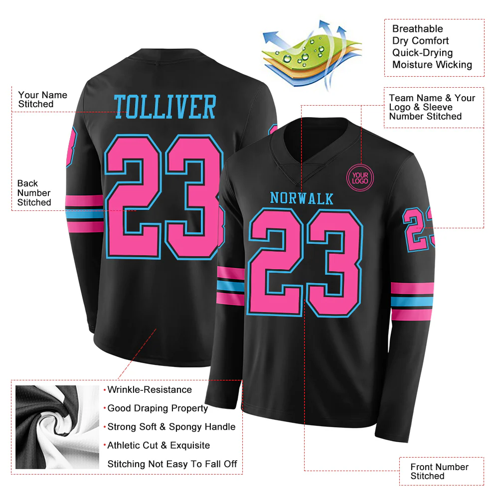 Custom Black Pink-Sky Blue Long Sleeve Authentic Football Jersey - Image 2