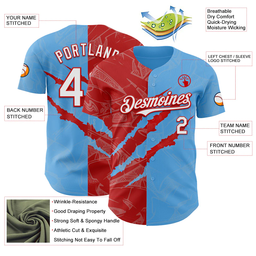 Custom Graffiti Pattern White Sky Blue-Red 3D Scratch Authentic Baseball Jersey - Image 3